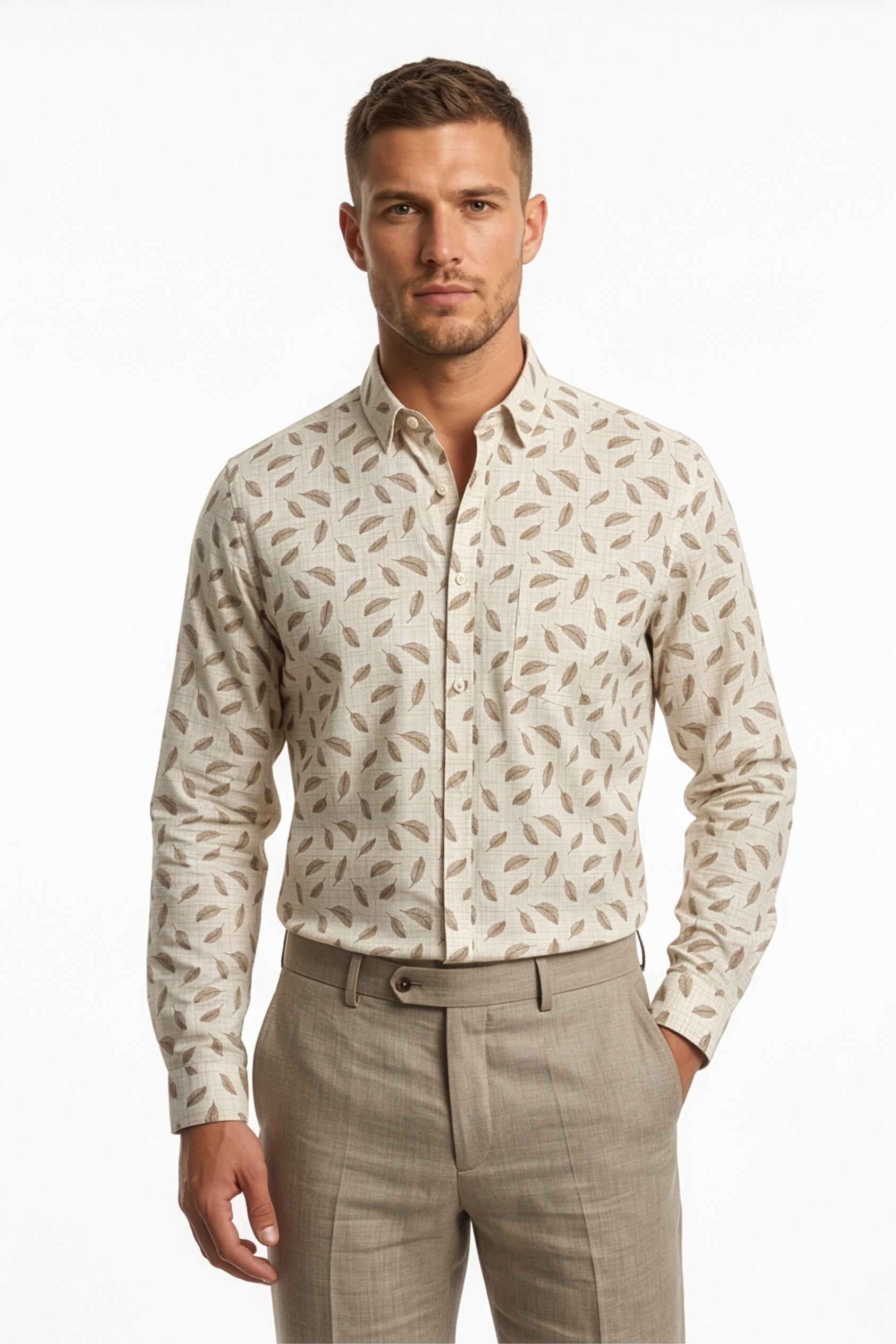 Americus  Men's Off White Leaf Printed Full Sleeve