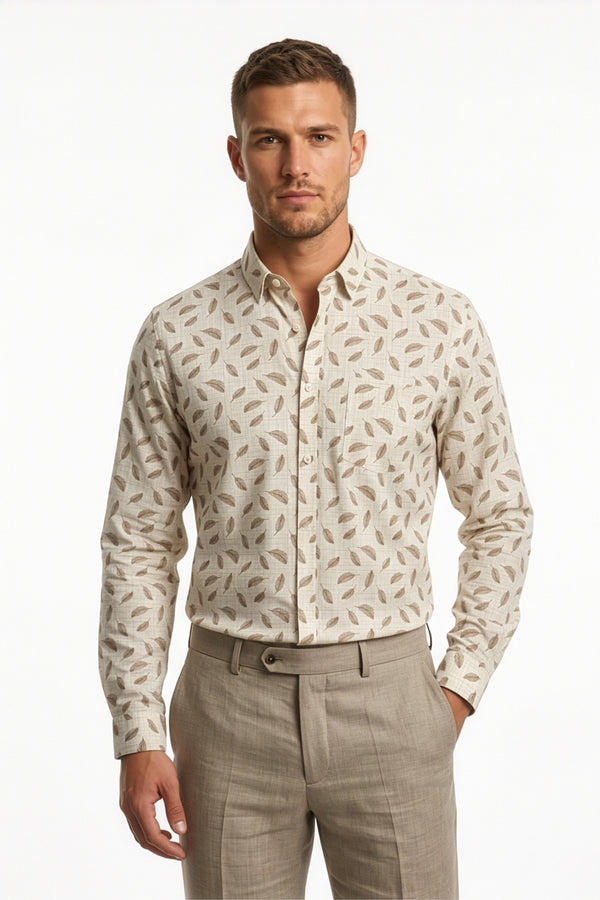 Americus  Men's Off White Leaf Printed Full Sleeve