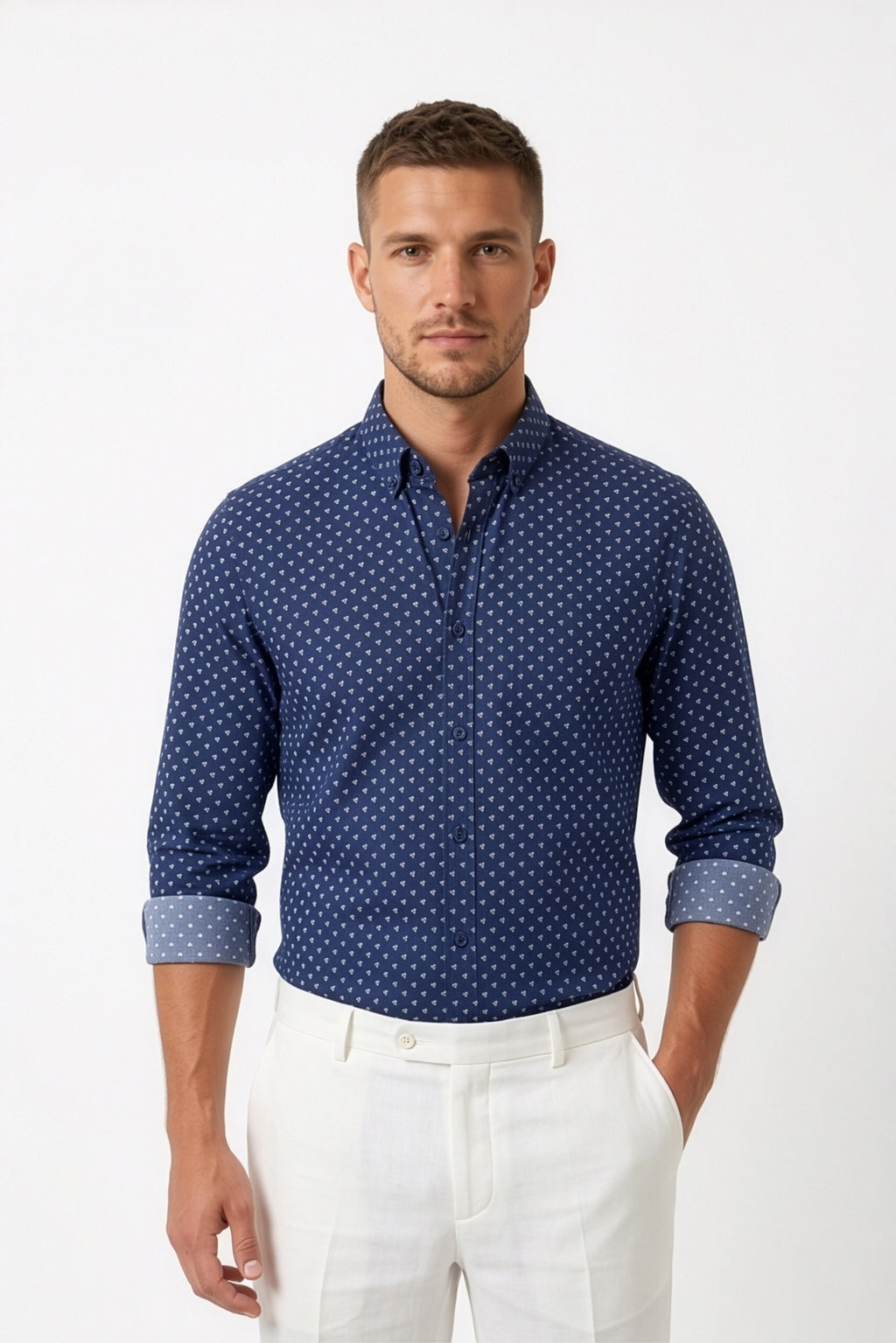 Americus Men's Printed Shirt Blue With White Print Full Sleeve