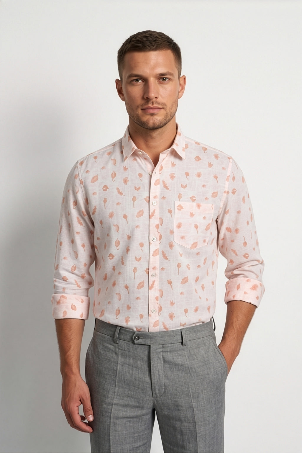 Americus Men's White Peach Leaf Printed Full Sleeve Shirt