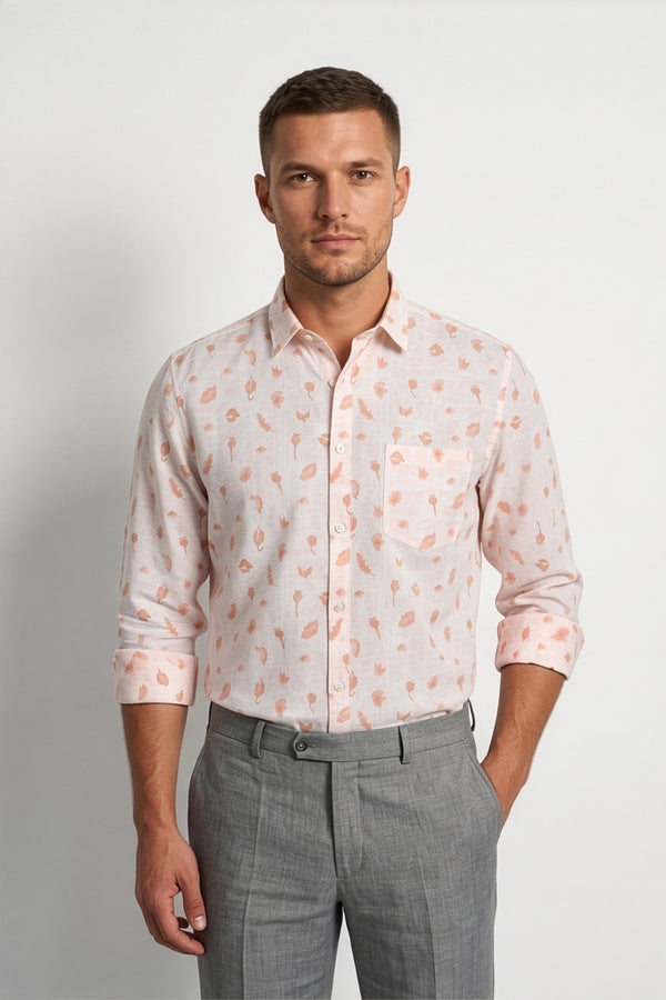 Americus Men's White Peach Leaf Printed Full Sleeve Shirt