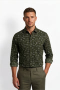 Americus Men's Printed Shirt Olive Green With White Print Full Sleeve