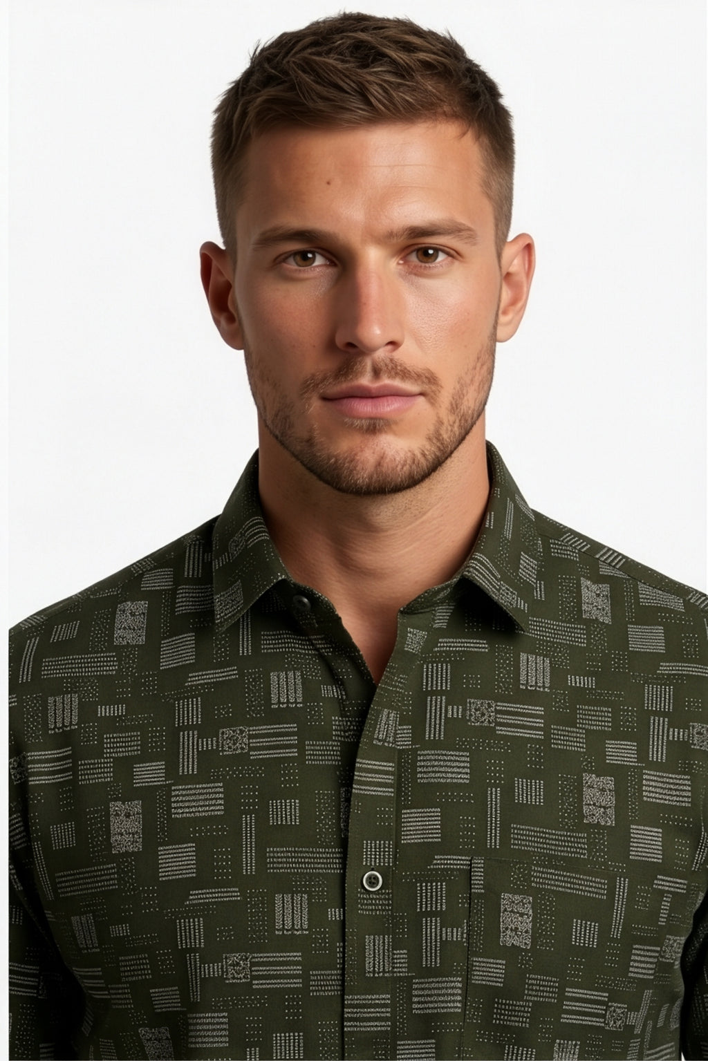 Americus Men's Printed Shirt Olive Green With White Print Full Sleeve