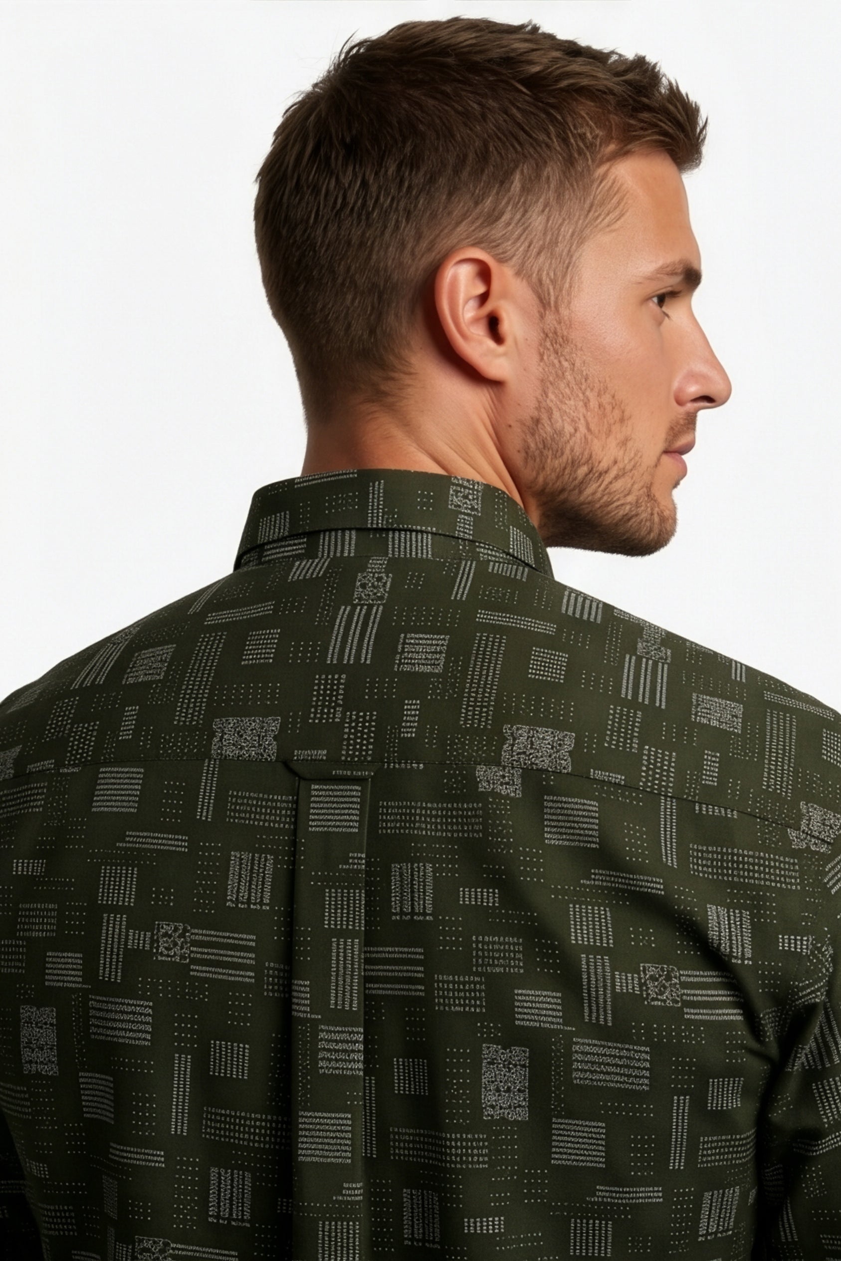 Americus Men's Printed Shirt Olive Green With White Print Full Sleeve