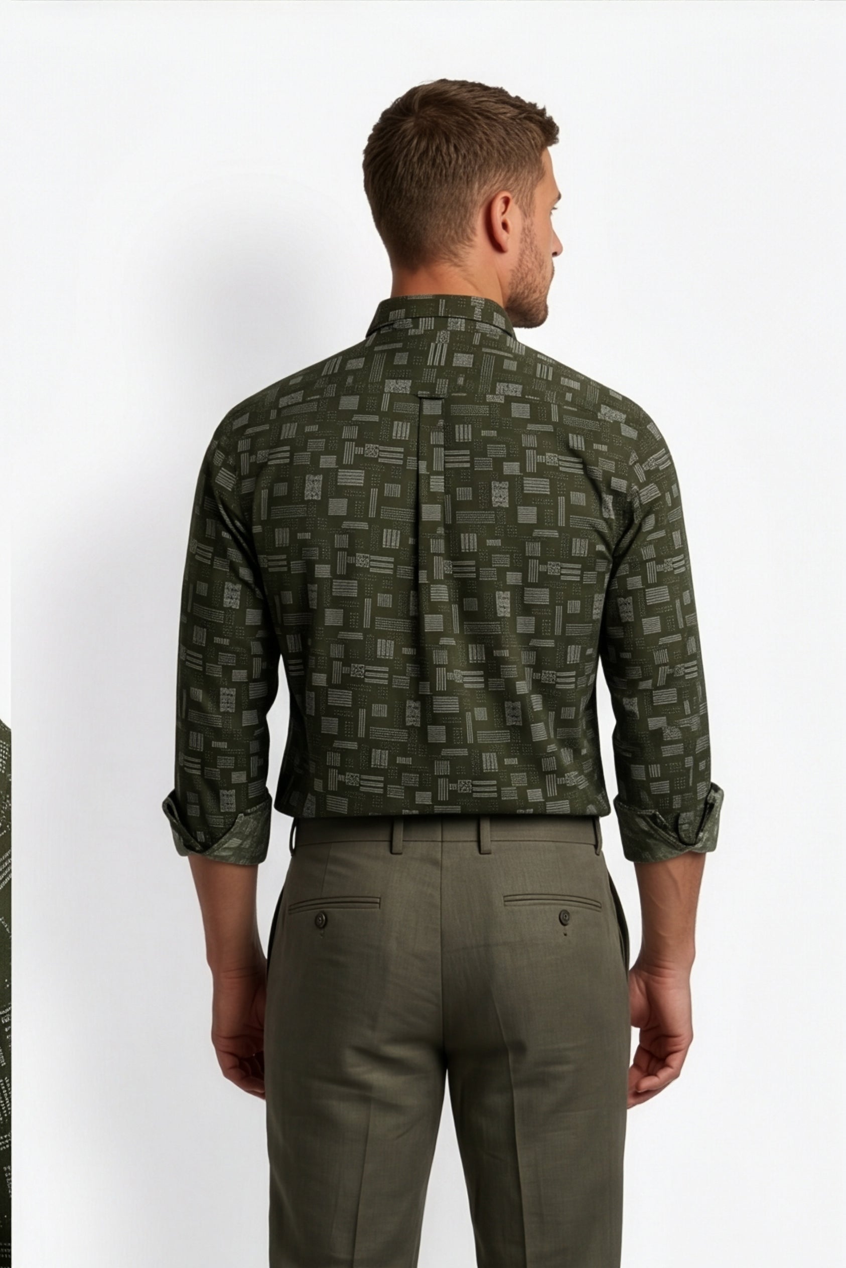 Americus Men's Printed Shirt Olive Green With White Print Full Sleeve