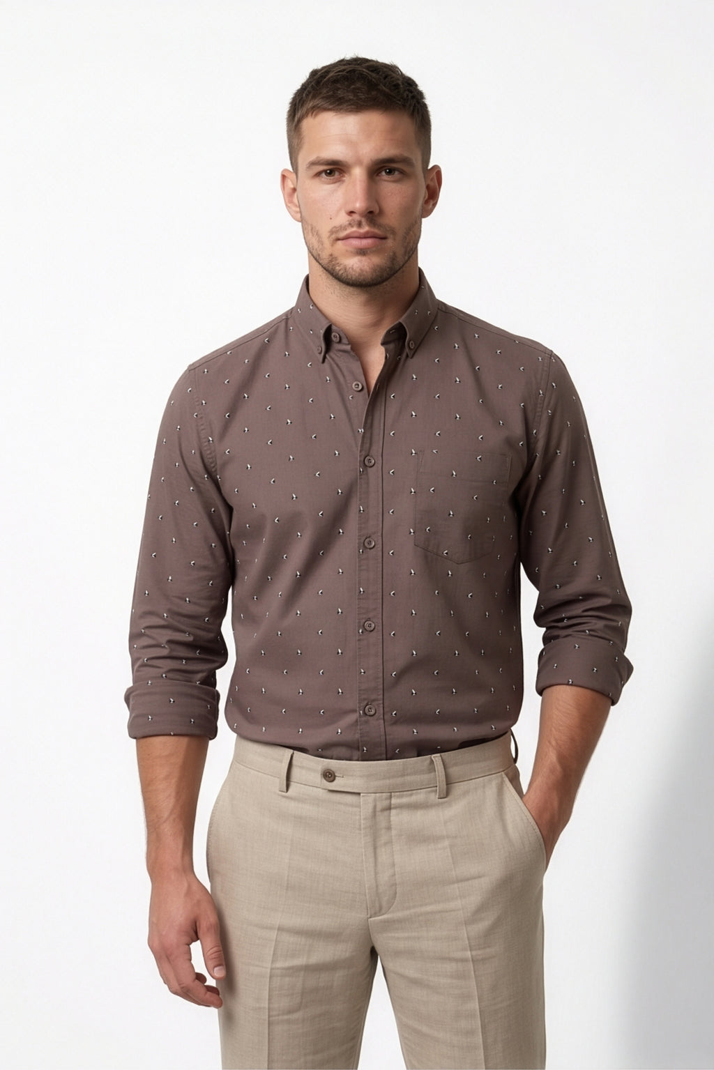 Americus Men's Light Brown Printed Full Sleeve
