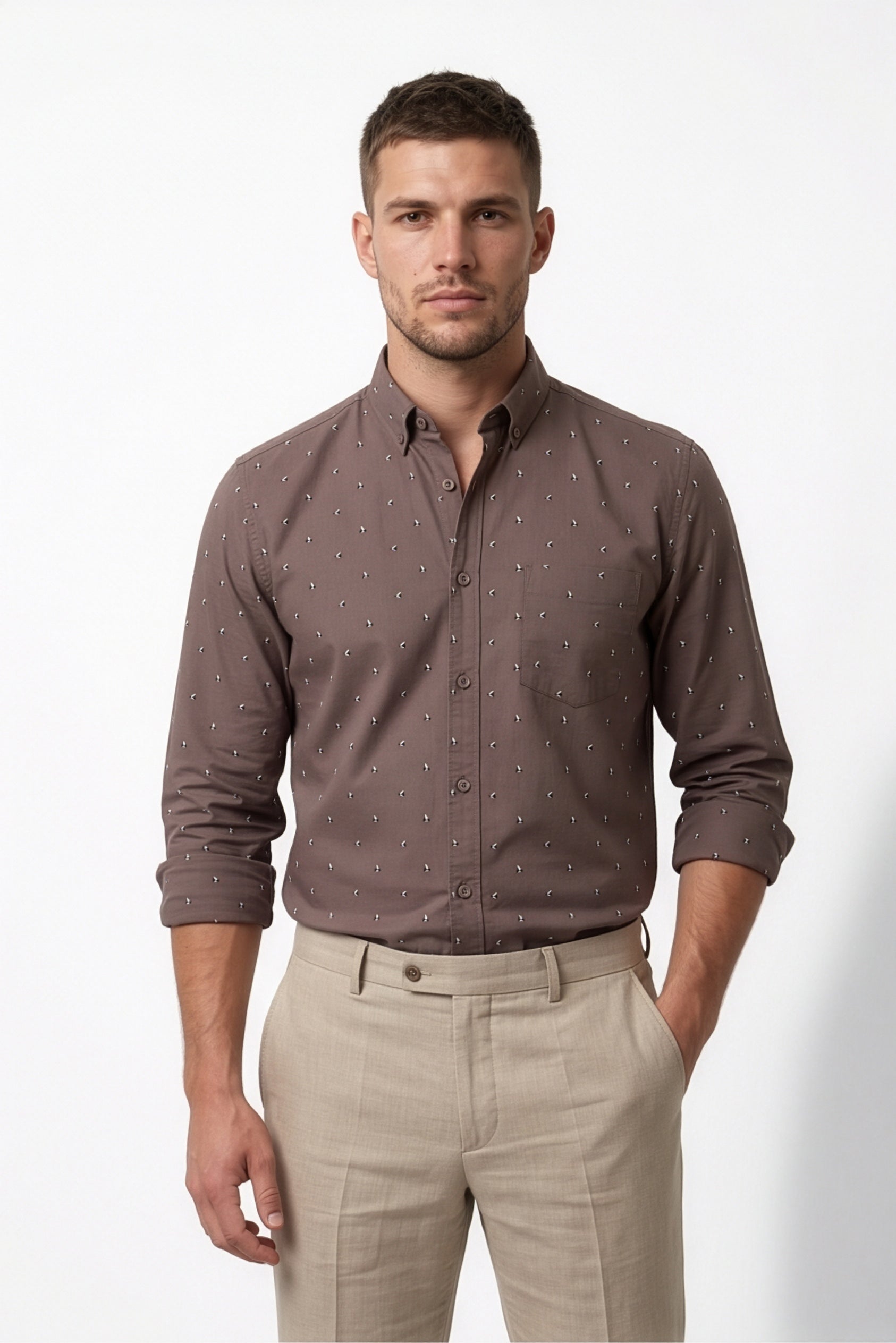 Americus Men's Light Brown Printed Full Sleeve