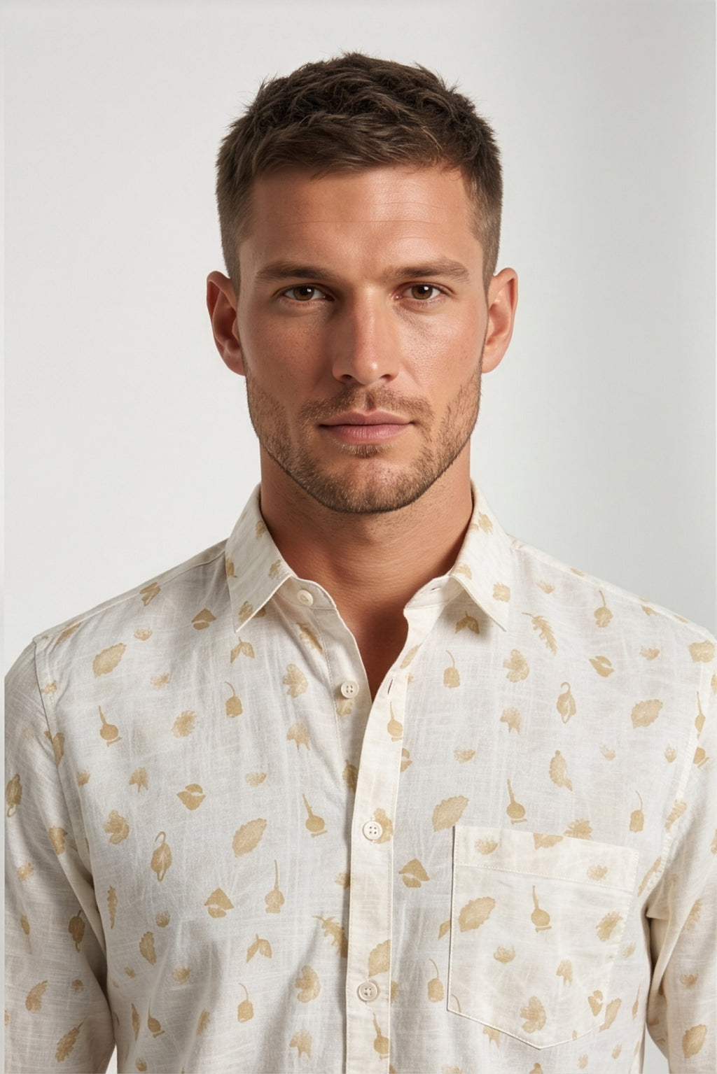 Americus  Men's Cream With Khaki Printed Full Sleeve