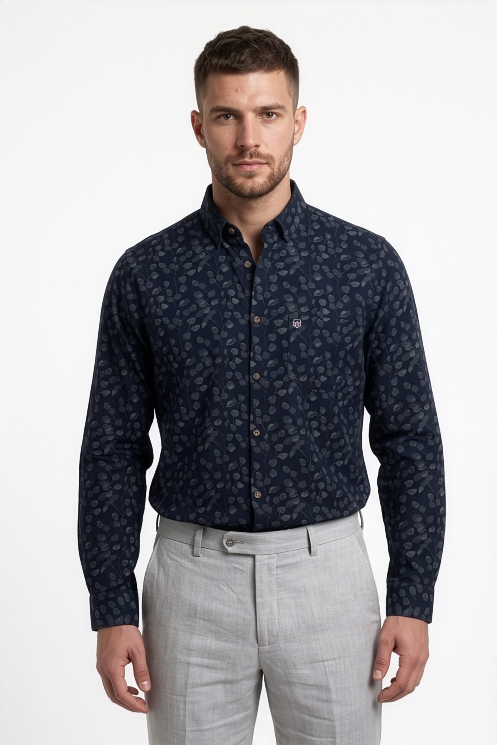 Americus Men's Printed Cotton Shirt Navy Blue With Small Leafy Vine