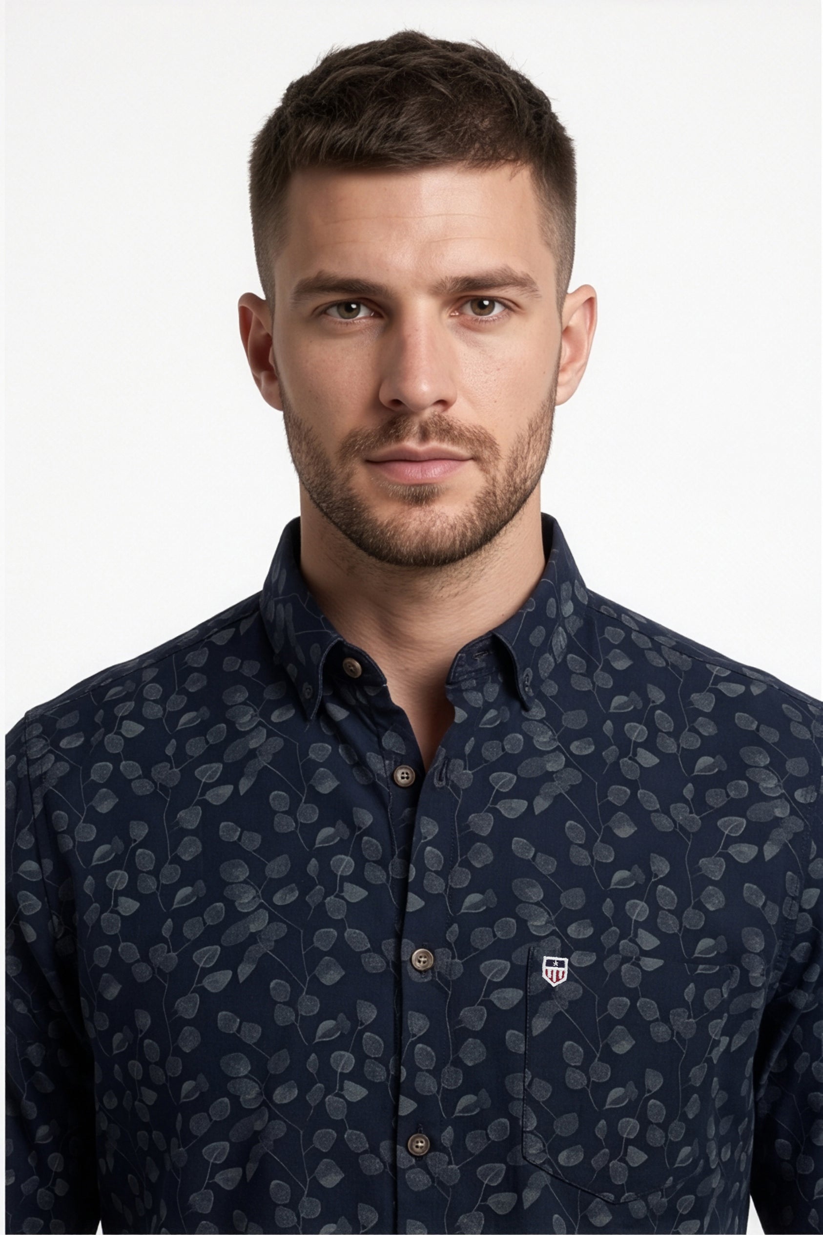 Americus Men's Printed Shirt Navy Blue with Brown Print Full Sleeve
