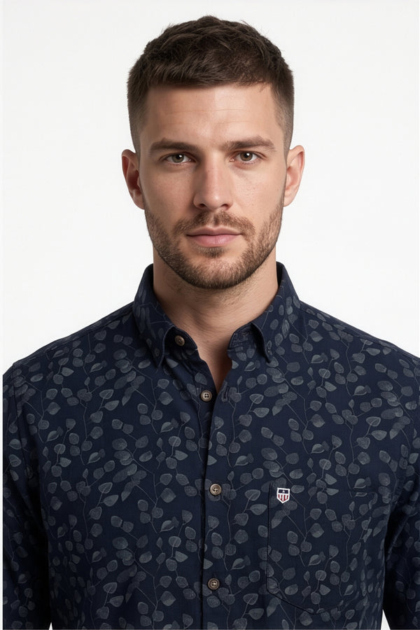 Americus Men's Printed Cotton Shirt Navy Blue With Small Leafy Vine