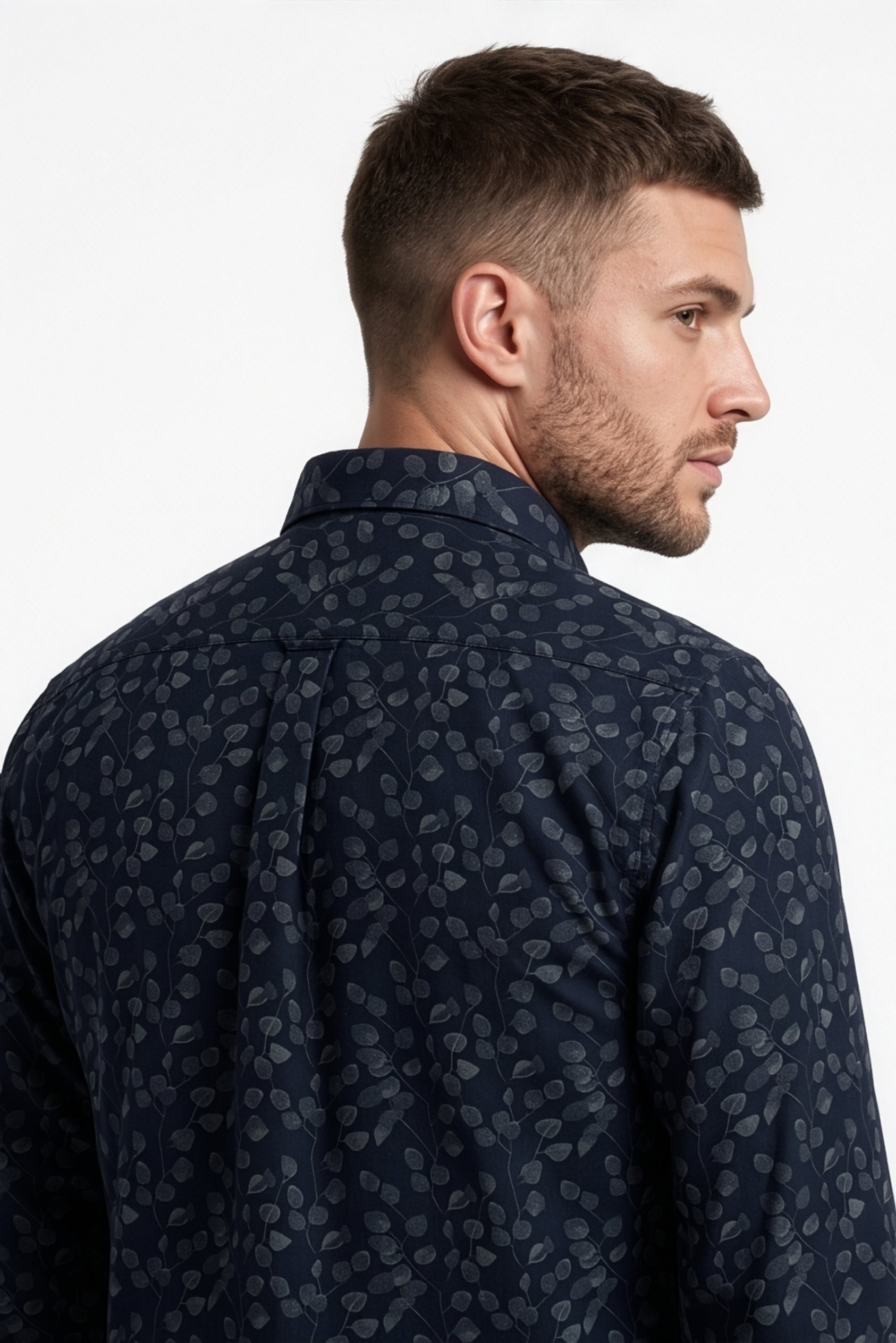 Americus Men's Printed Shirt Navy Blue with Brown Print Full Sleeve