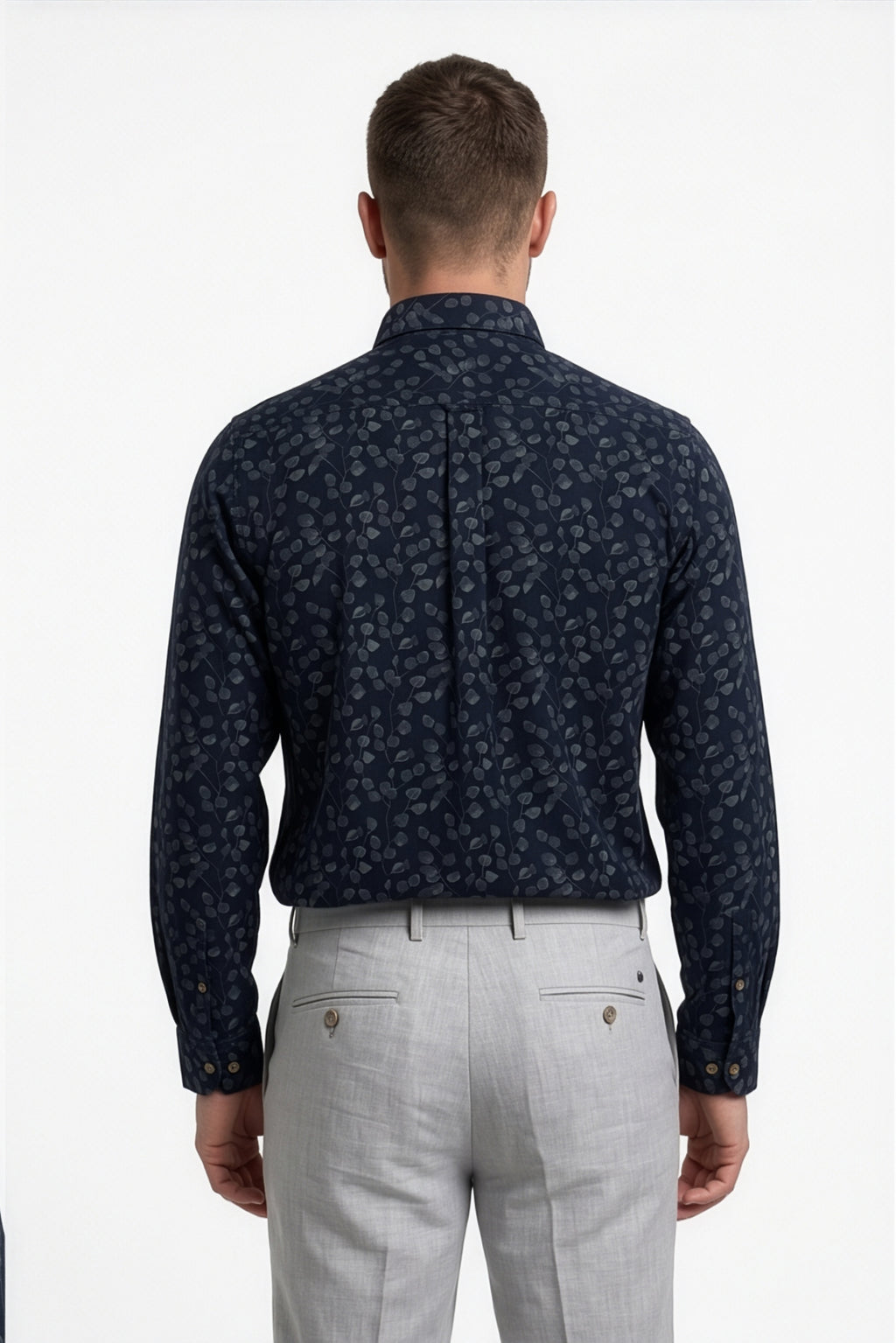 Americus Men's Printed Cotton Shirt Navy Blue With Small Leafy Vine