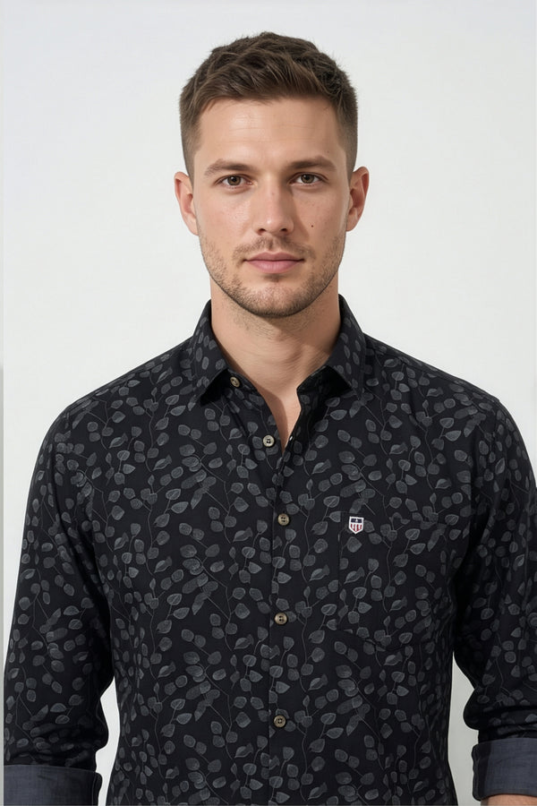 Americus Men's Printed Cotton Shirt Black With White Abstract
