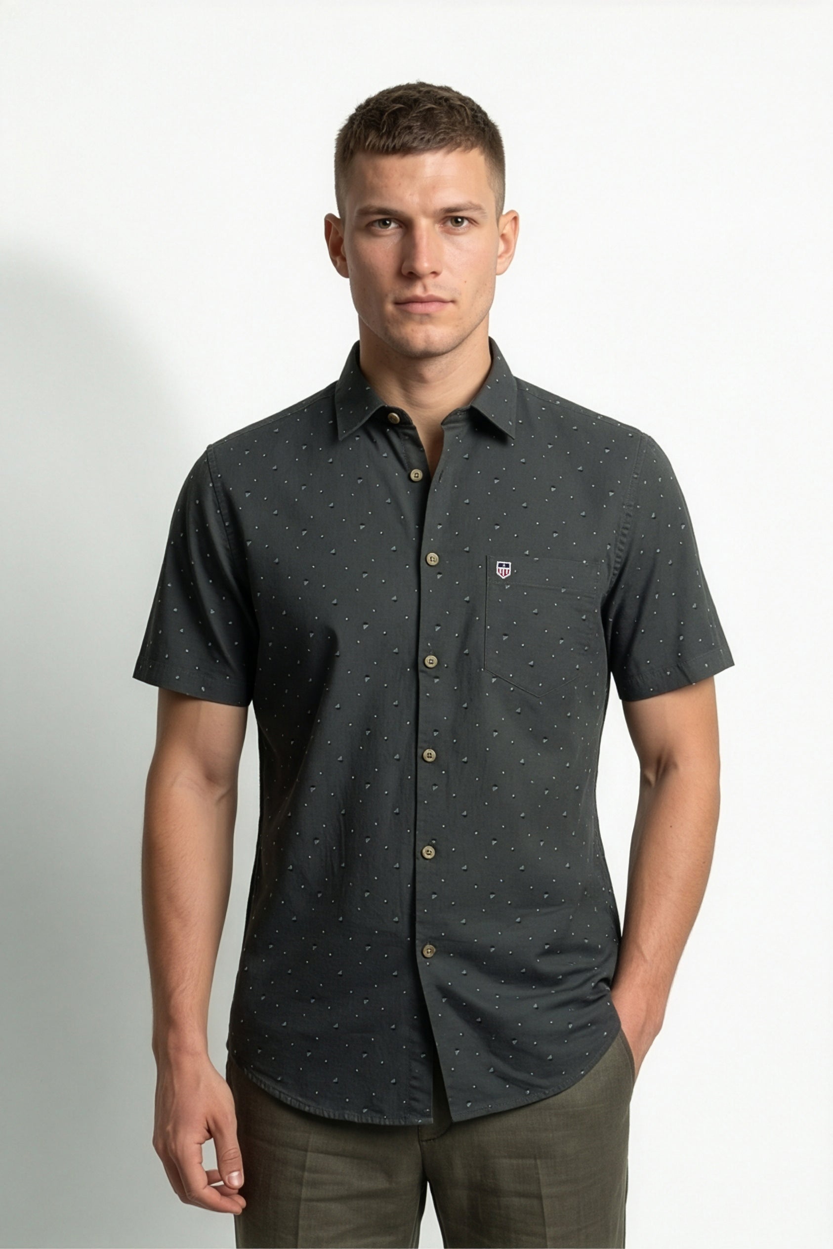 Americus Men's Printed Cotton Shirt Dark Grey With White And Black Abstract