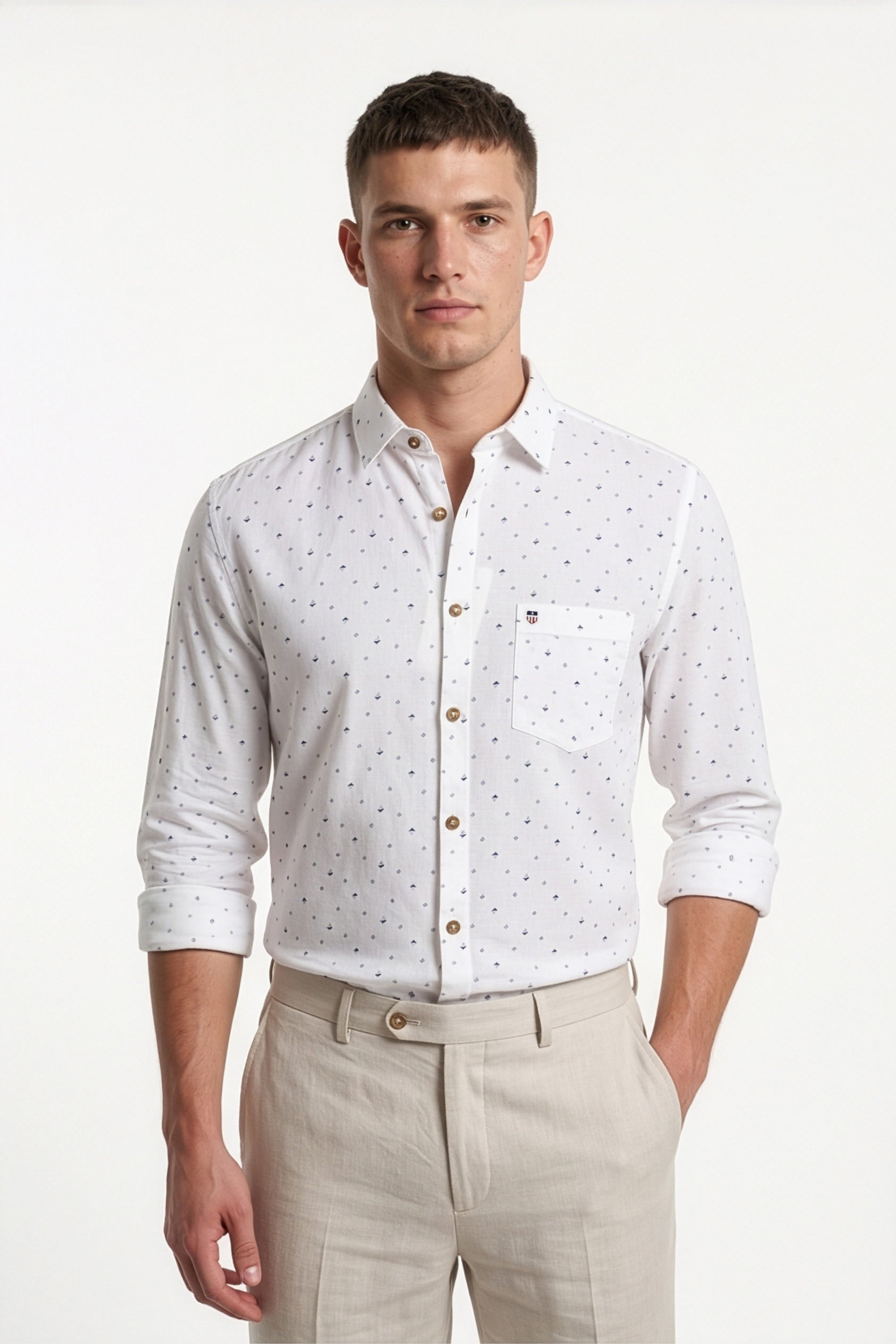 Americus Men's Printed Cotton Shirt White With Navy Blue Abstract