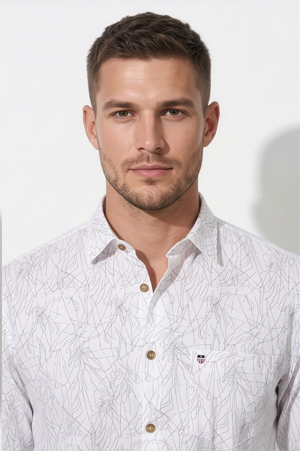 Americus Men's Printed Cotton Shirt White With Black Abstract