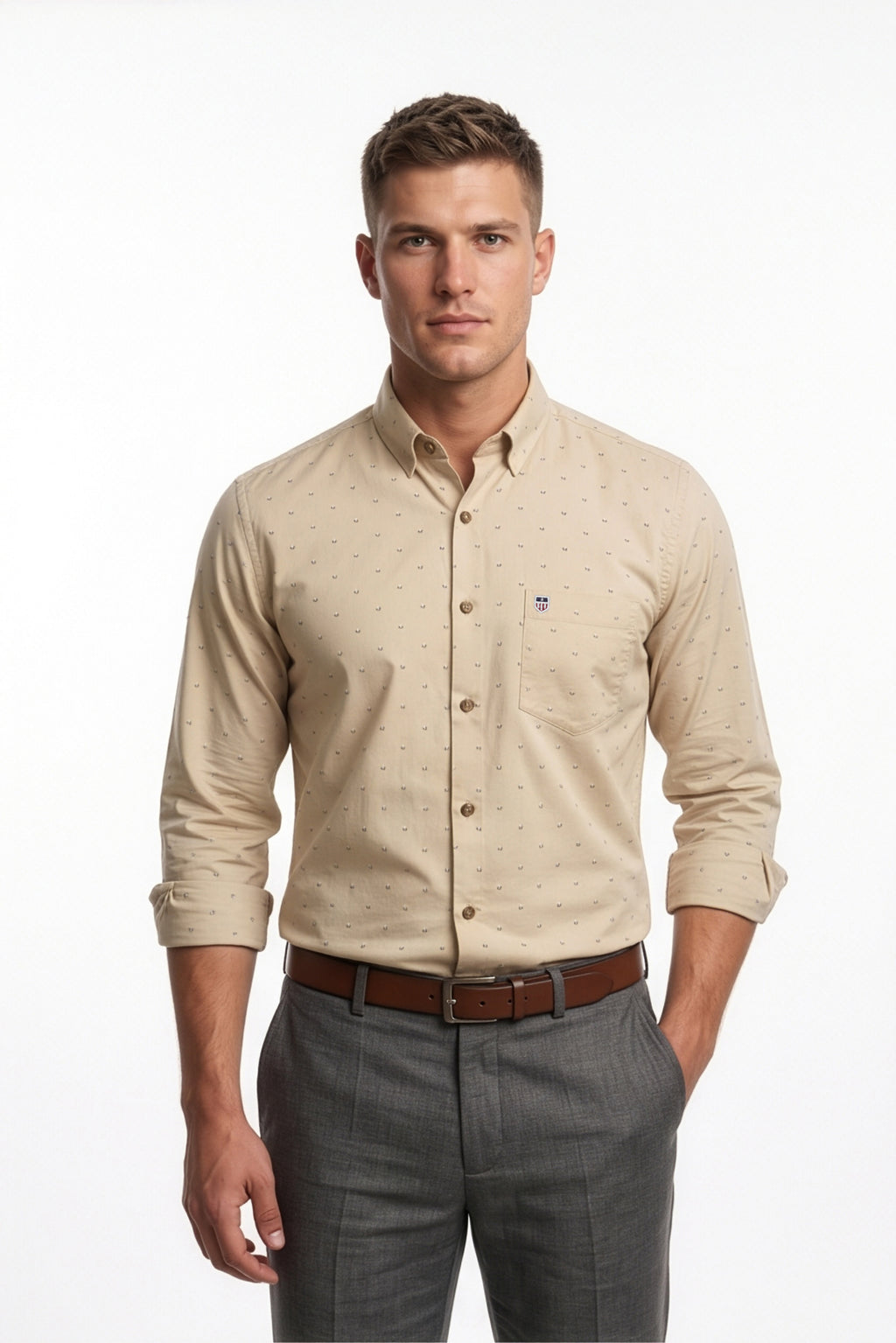 Americus Men's Printed Shirt Sand Beige Micro Ditsy Print Full Sleeve