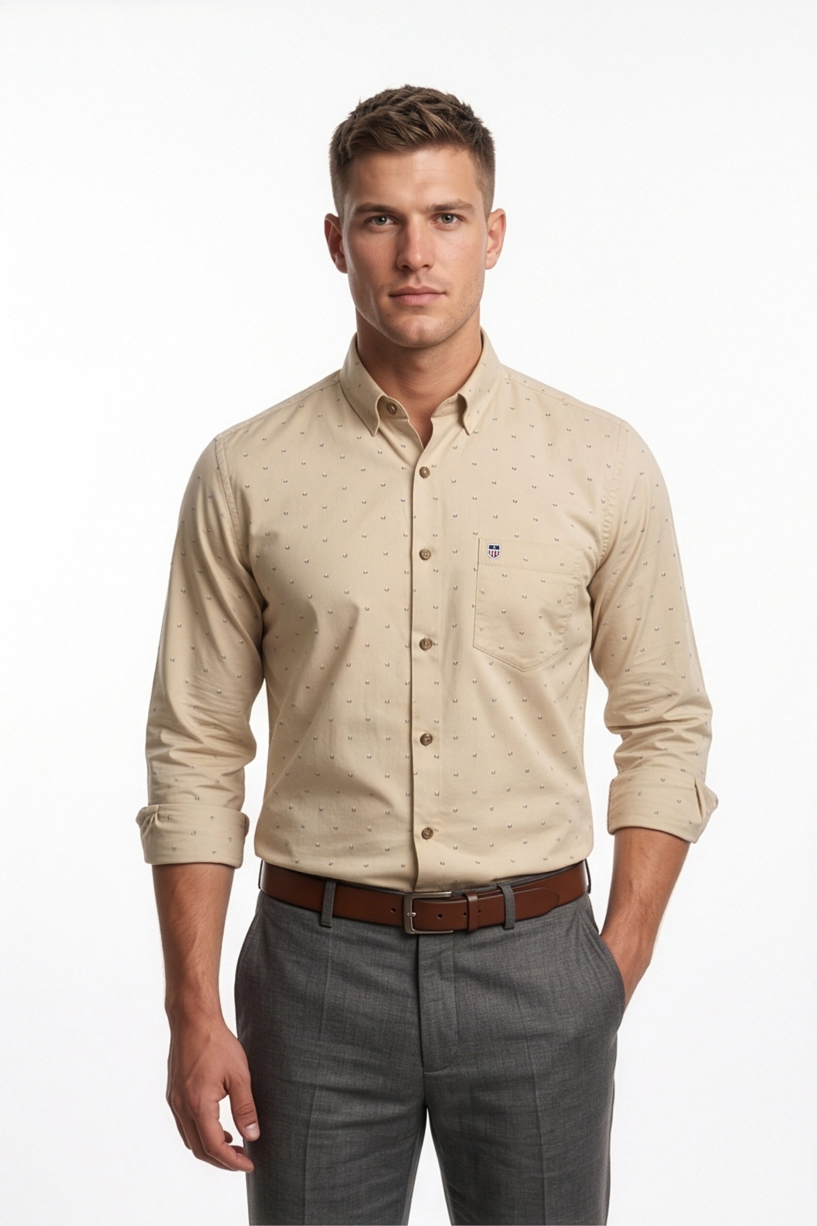 Americus Men's Printed Shirt Sand Beige Micro Ditsy Print Full Sleeve