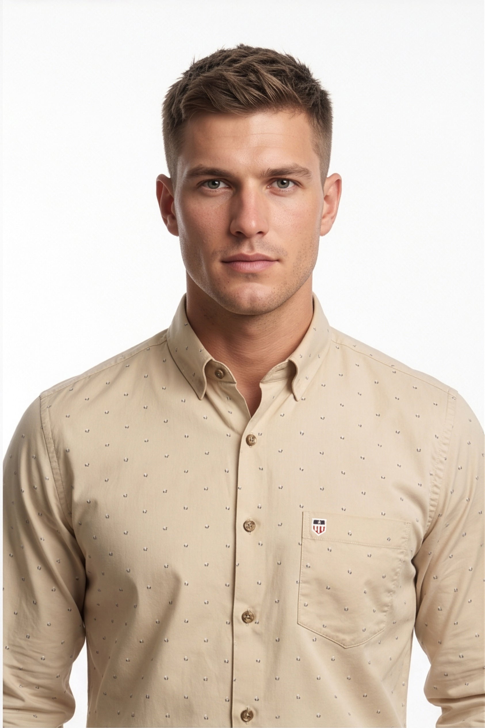Americus Men's Printed Shirt Sand Beige Micro Ditsy Print Full Sleeve