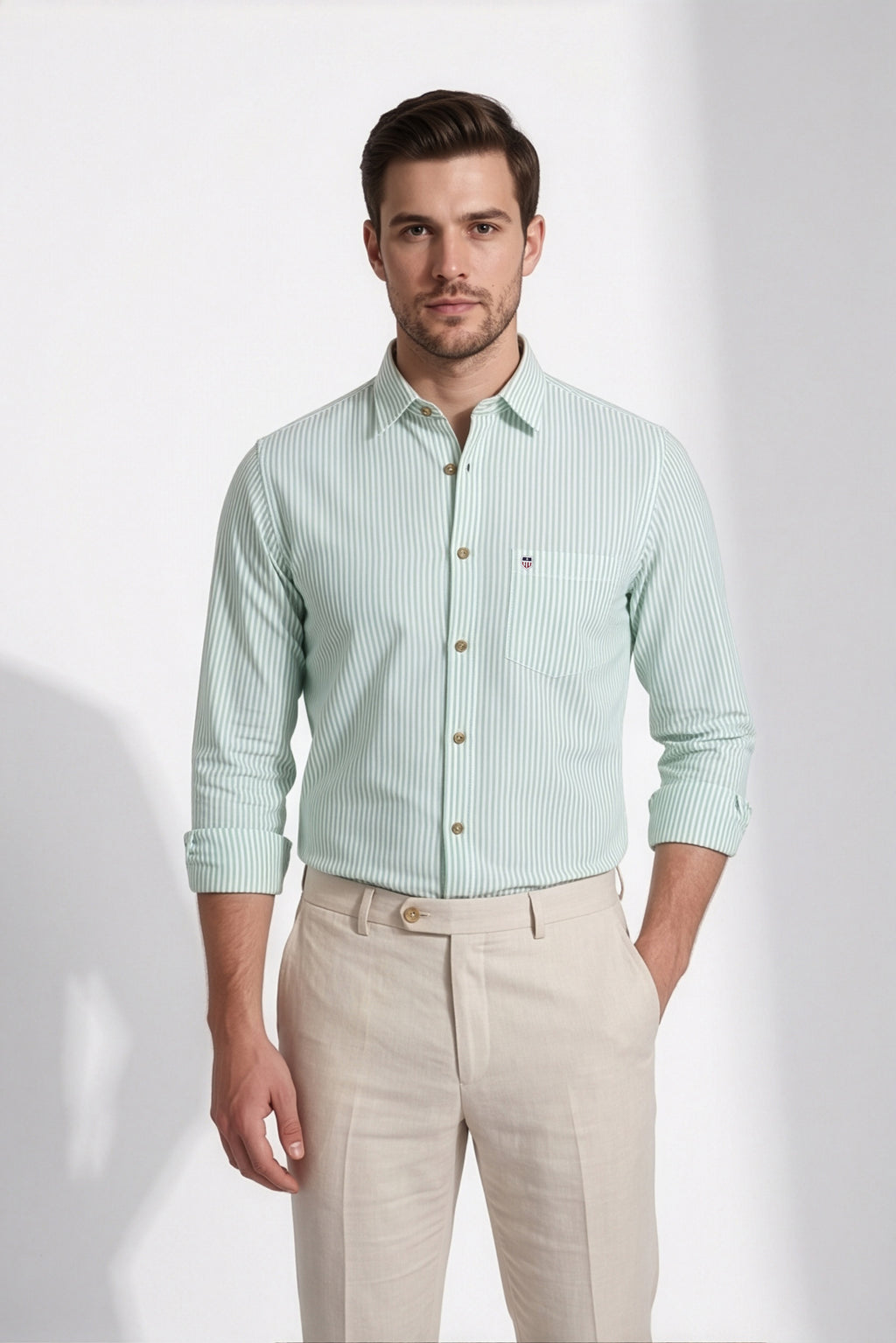 Americus Men's Shirt Mint Green White Fine Stripe Full Sleeve