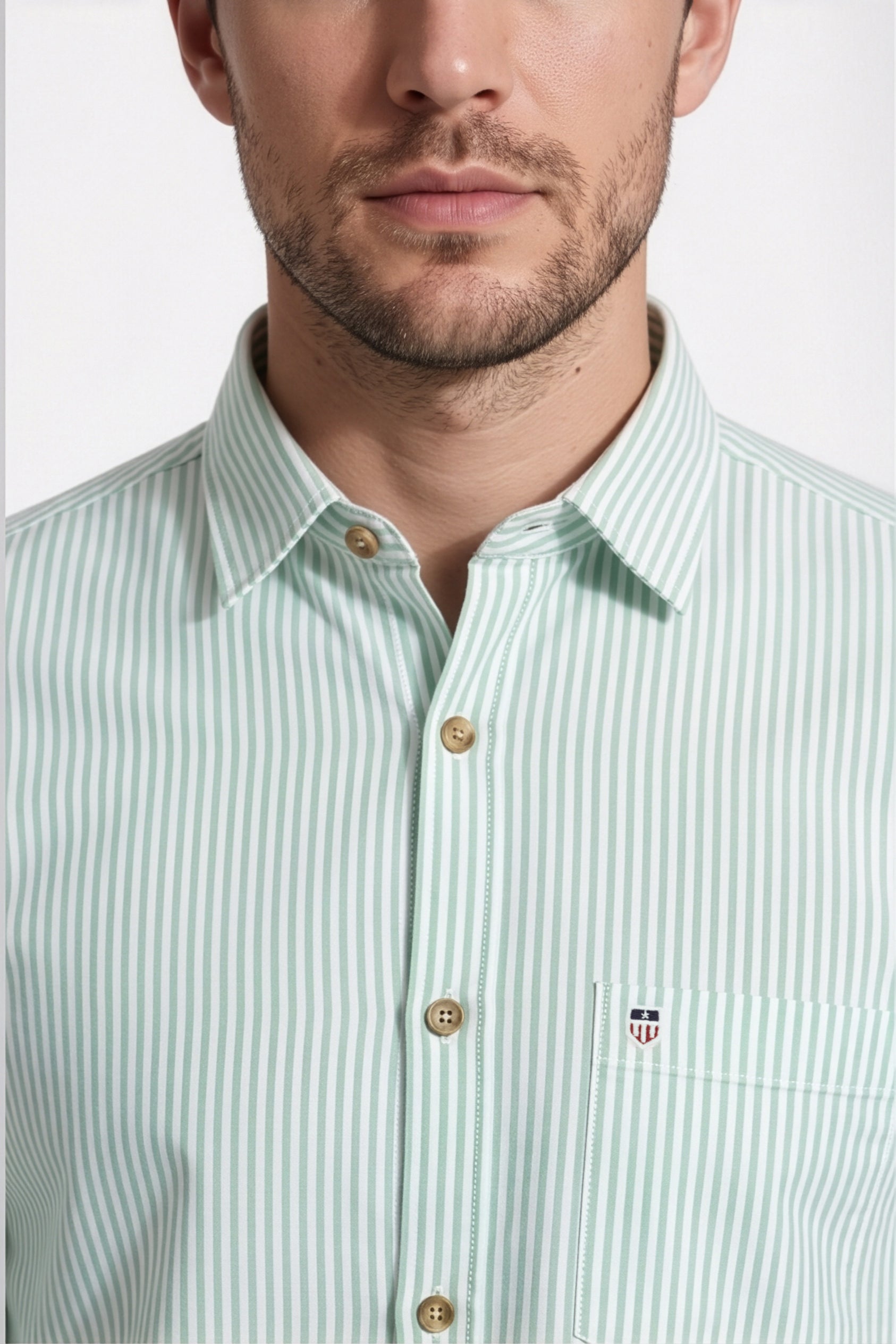 Americus Men's Shirt Mint Green White Fine Stripe Full Sleeve