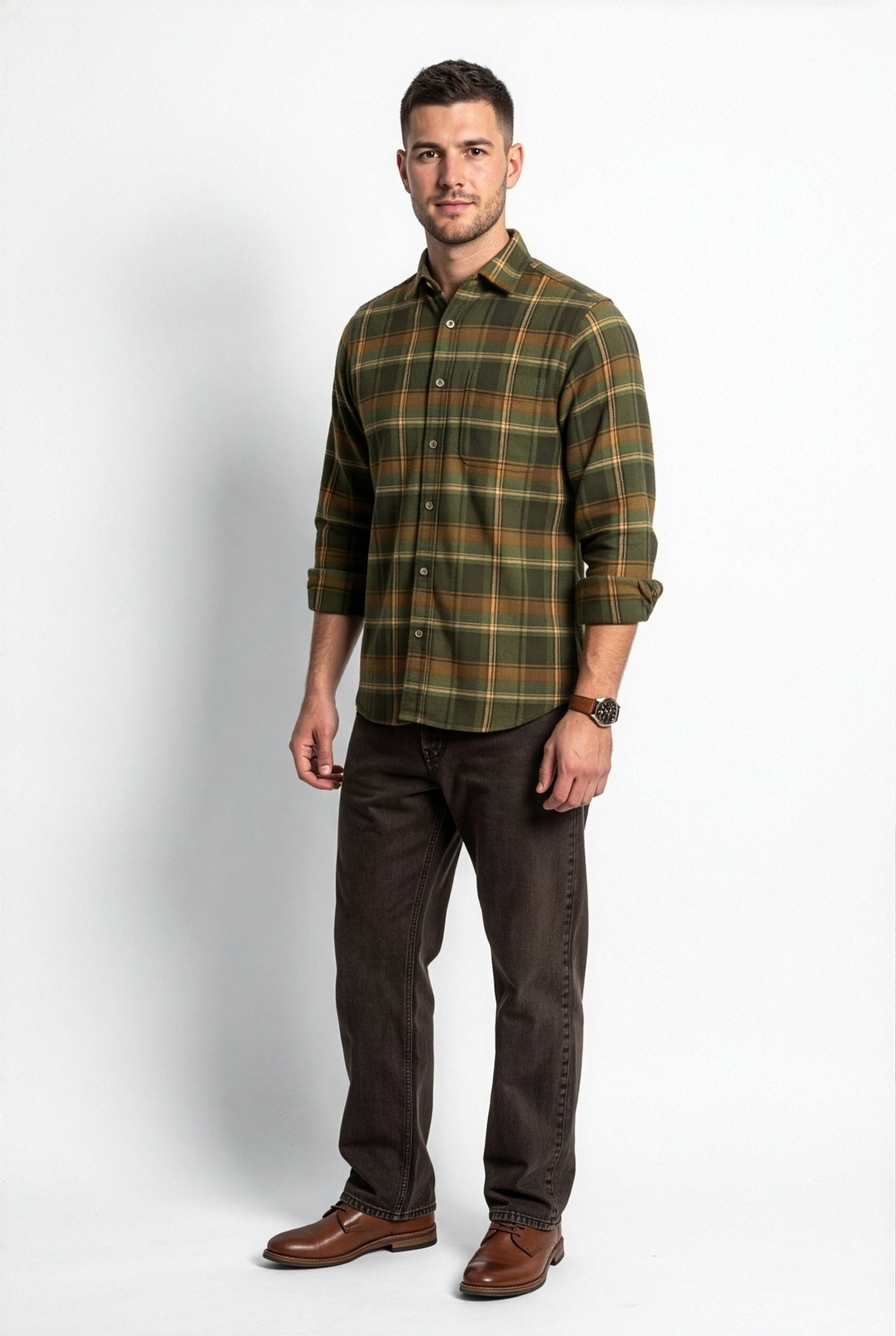 Front view of olive-green and brown plaid flannel shirt