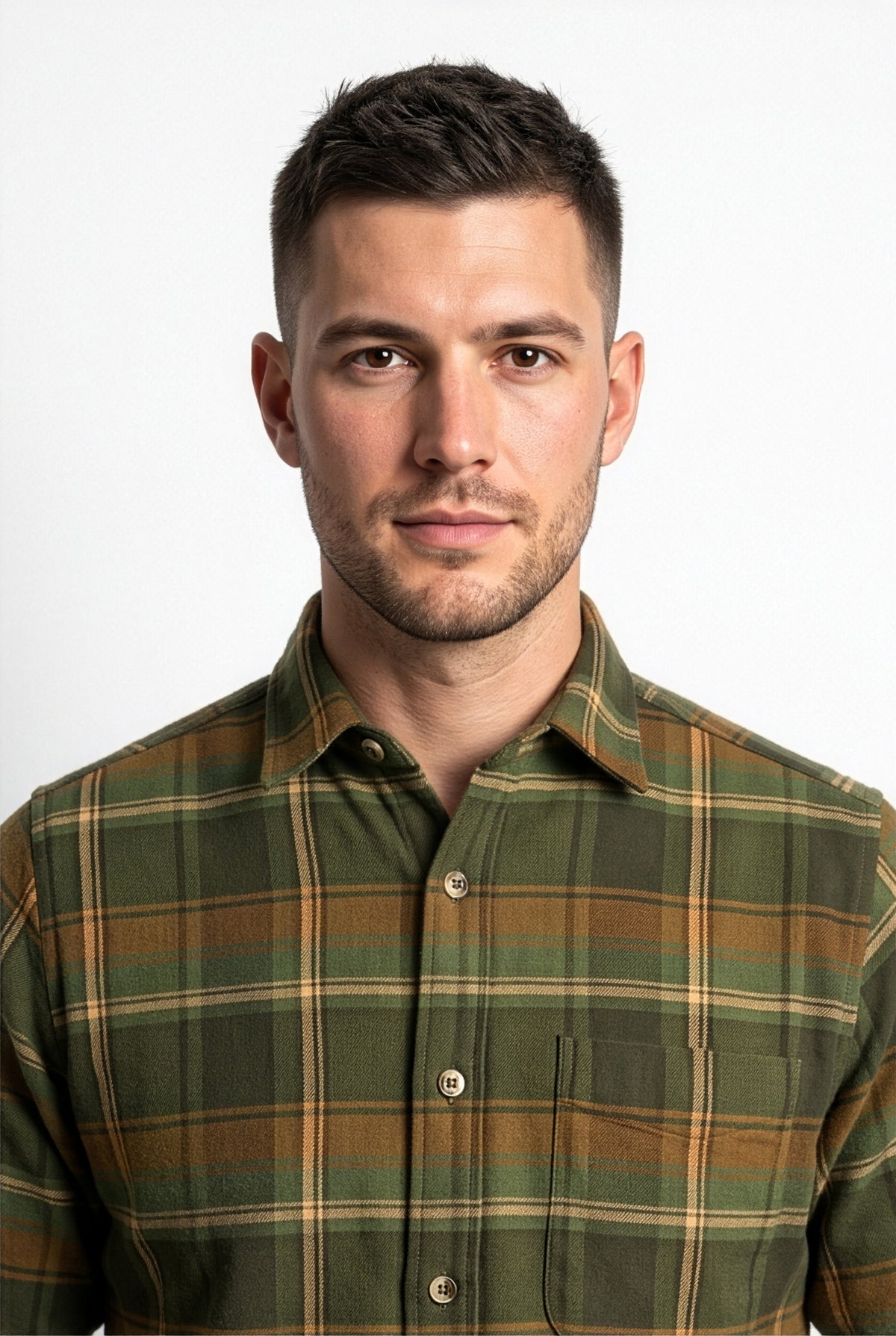 Alternate view of olive-green and brown plaid flannel shirt