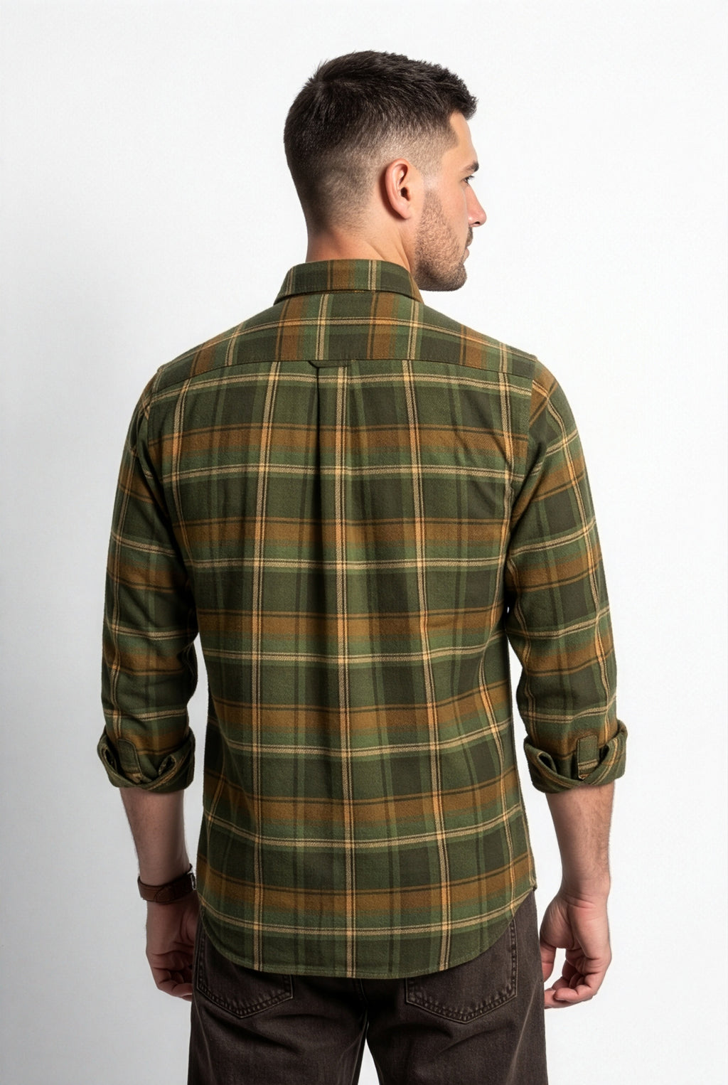 Back view of olive-green and brown plaid flannel shirt