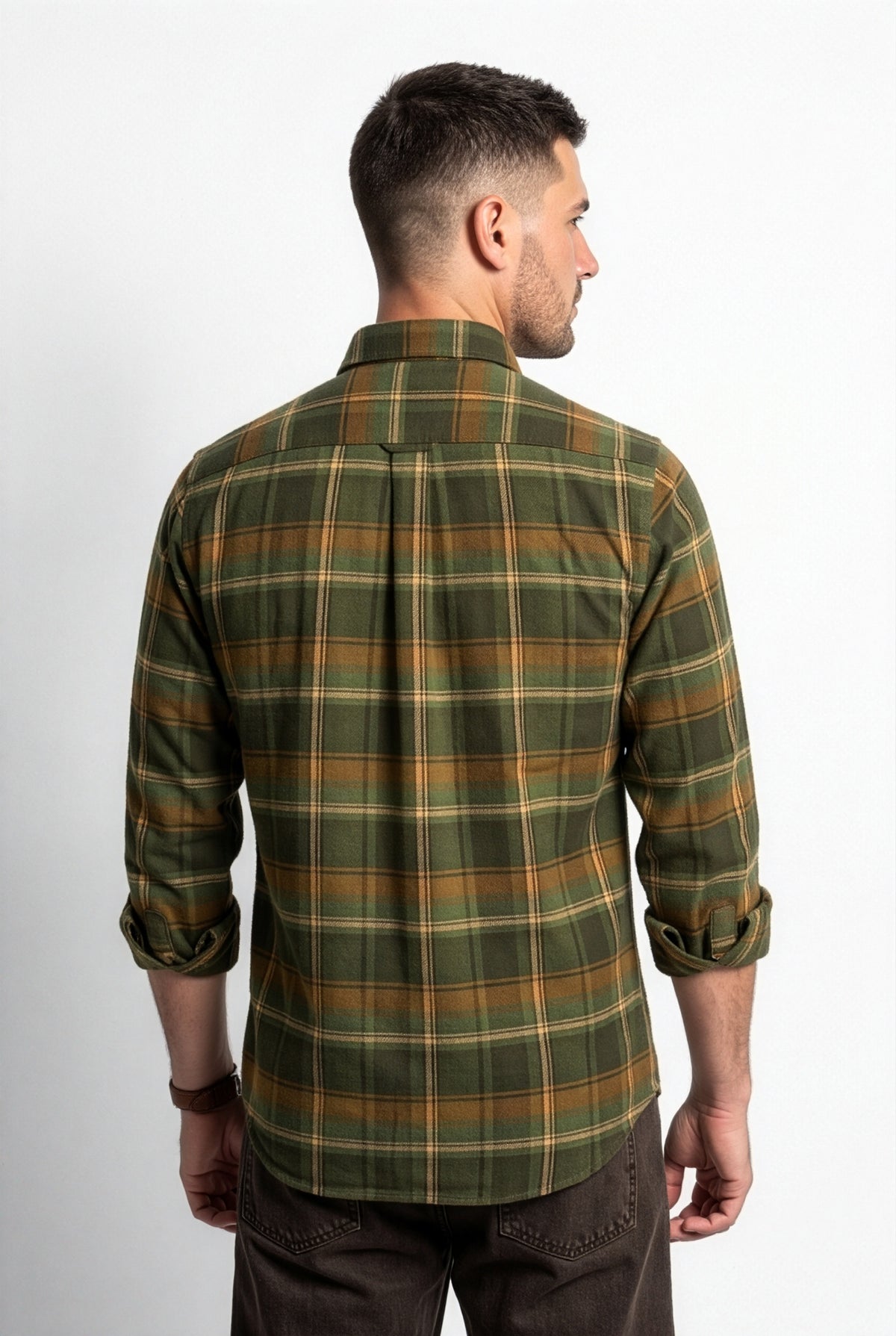 Back view of olive-green and brown plaid flannel shirt