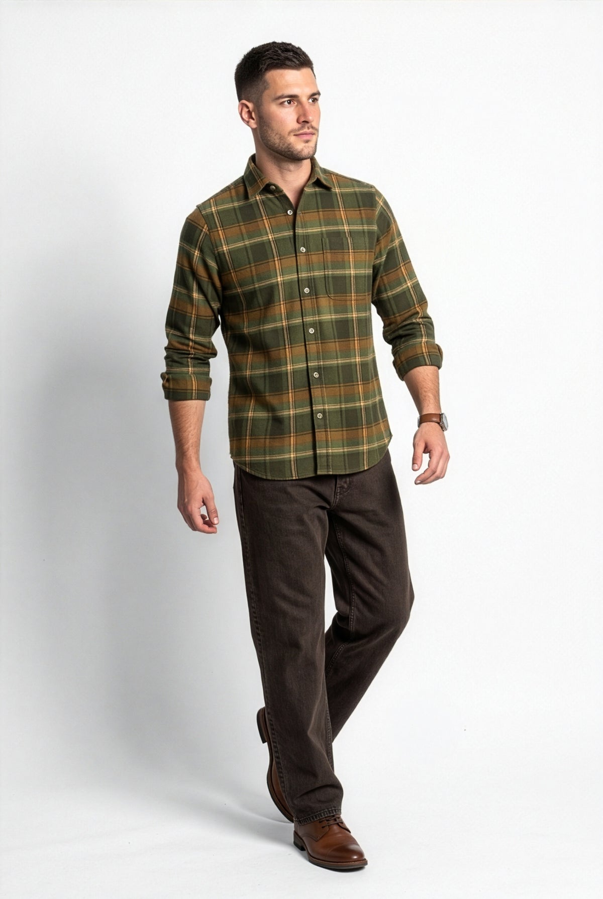 Additional view of olive-green and brown plaid flannel shirt