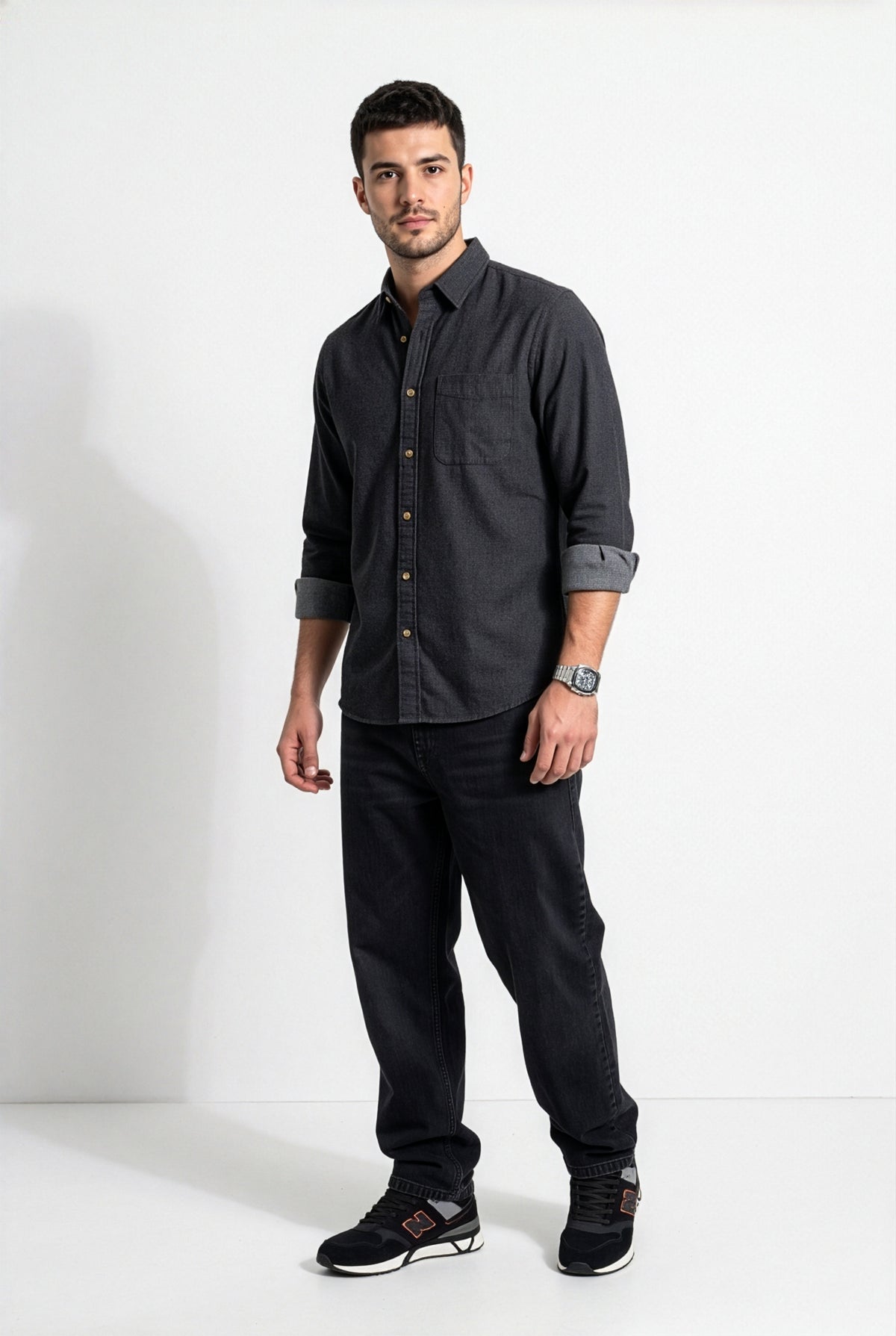 Front view of men's charcoal micro-check flannel shirt