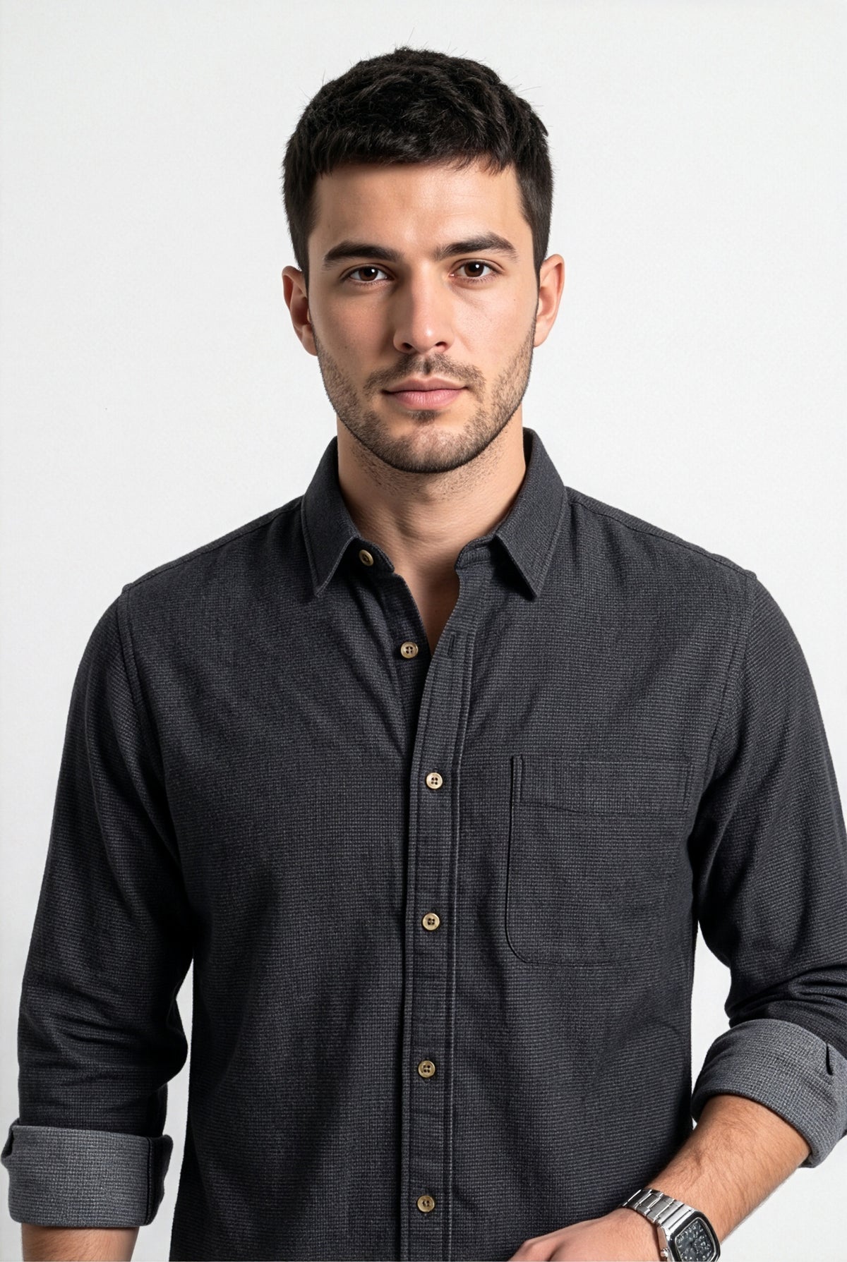 Collar and chest pocket detail of charcoal micro-check flannel shirt