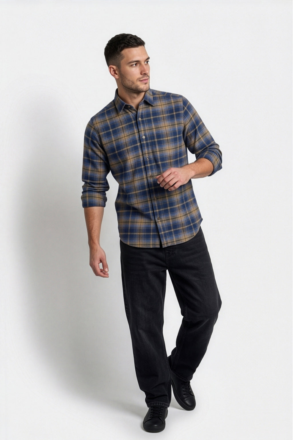 Alternate front view of men's navy and tan plaid flannel shirt