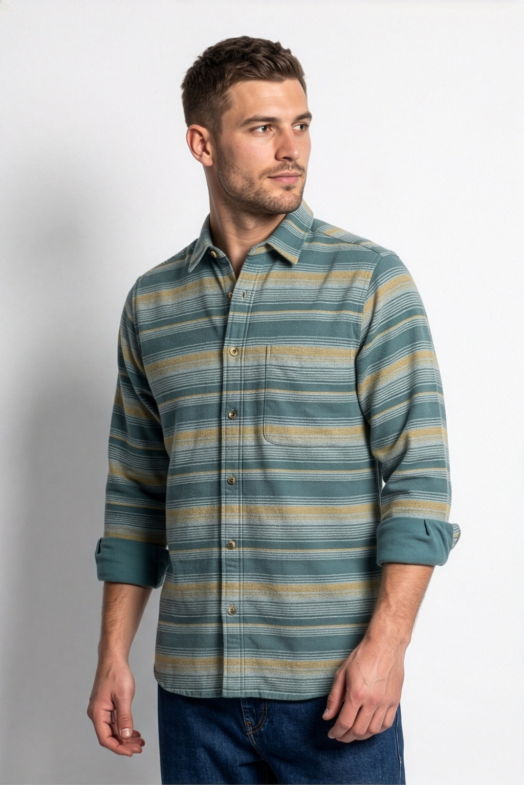 Front view of men's teal and beige striped flannel shirt