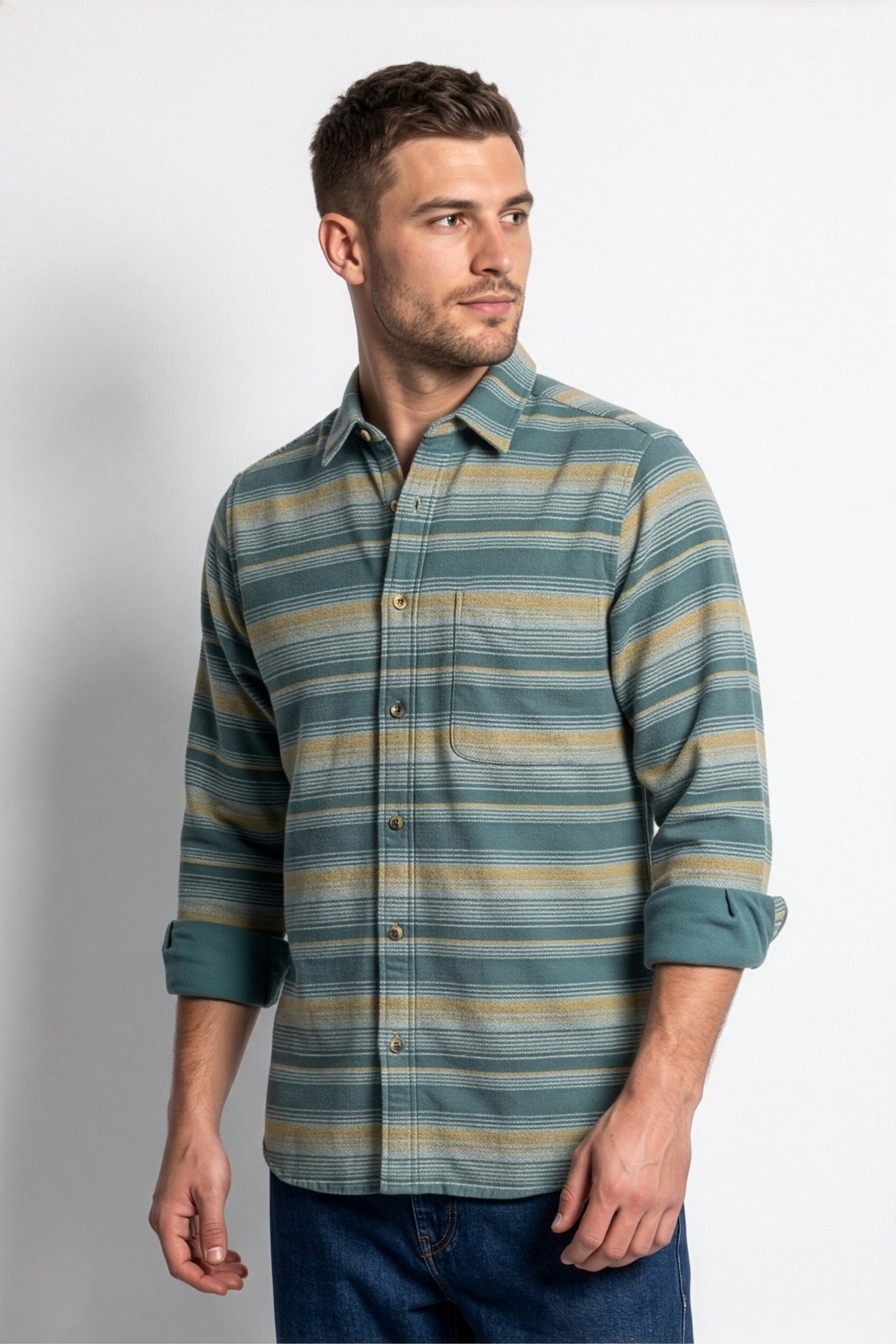 Front view of men's teal and beige striped flannel shirt