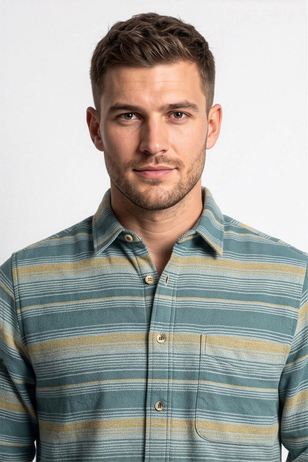 Collar and chest pocket detail of teal and beige striped flannel shirt