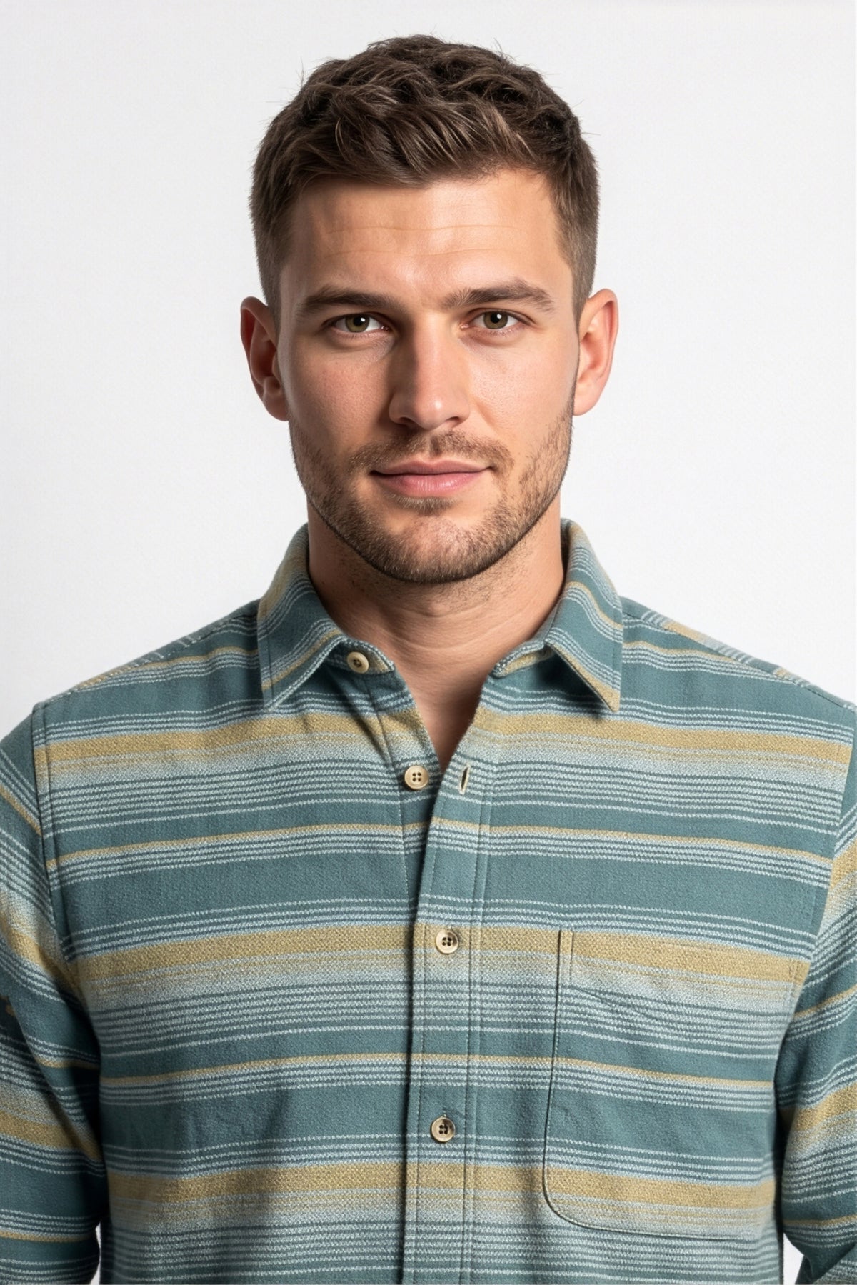 Collar and chest pocket detail of teal and beige striped flannel shirt