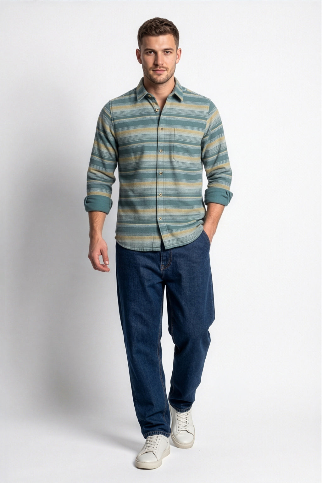 Alternate front view of men's teal and beige striped flannel shirt