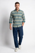 Alternate front view of men's teal and beige striped flannel shirt