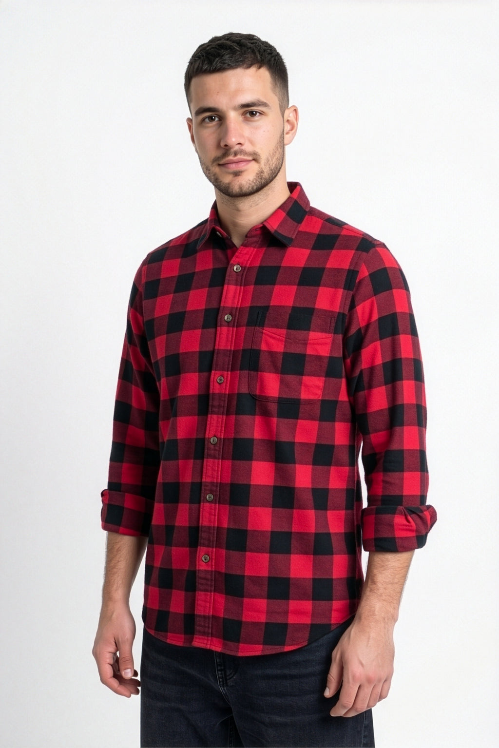 Three-quarter view of men's red and black buffalo check flannel shirt