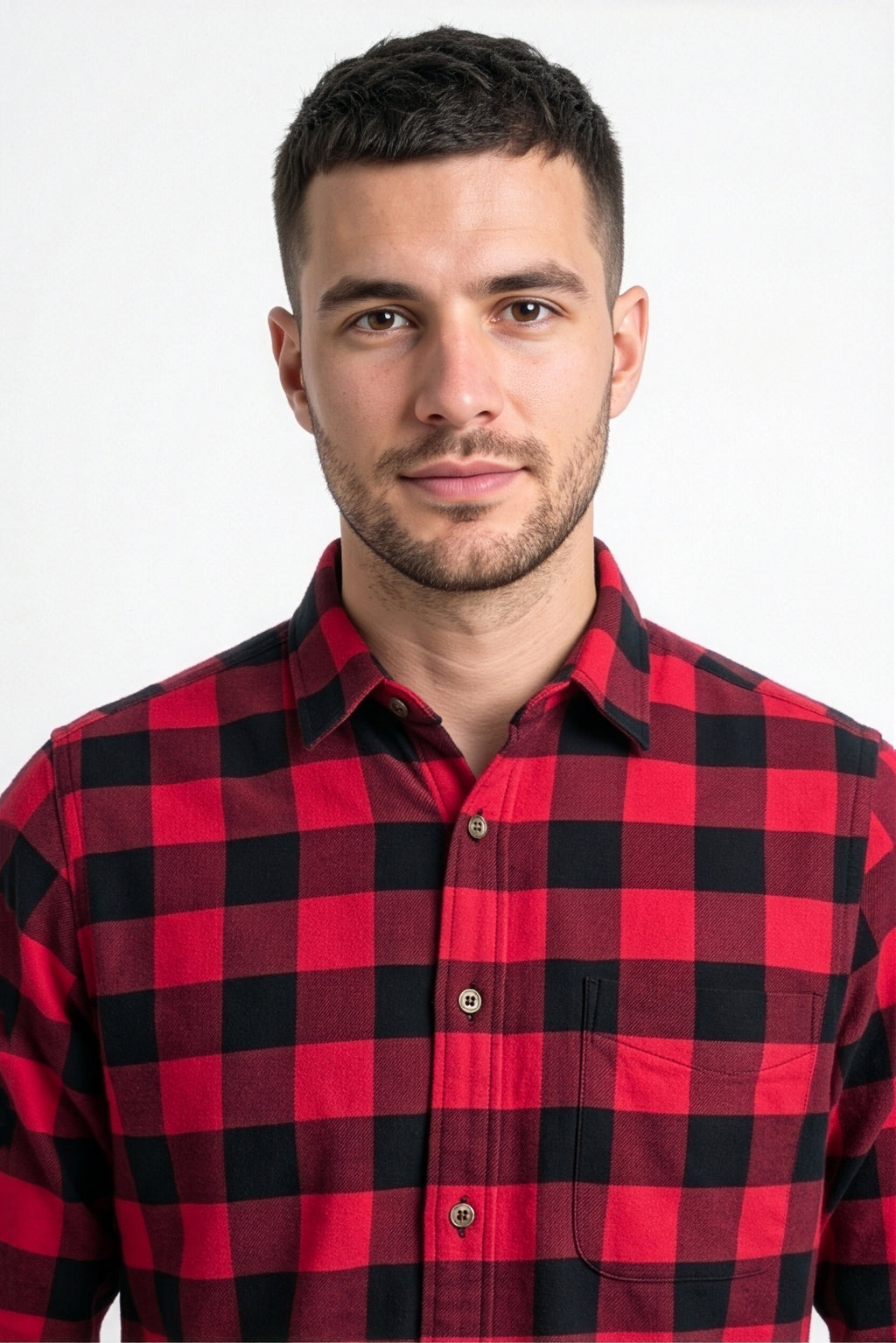 Collar and chest pocket detail of red and black buffalo check flannel shirt