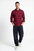 Full front view of men's red and black buffalo check flannel shirt