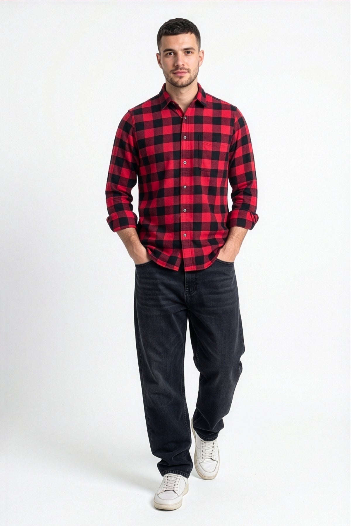 Full front view of men's red and black buffalo check flannel shirt