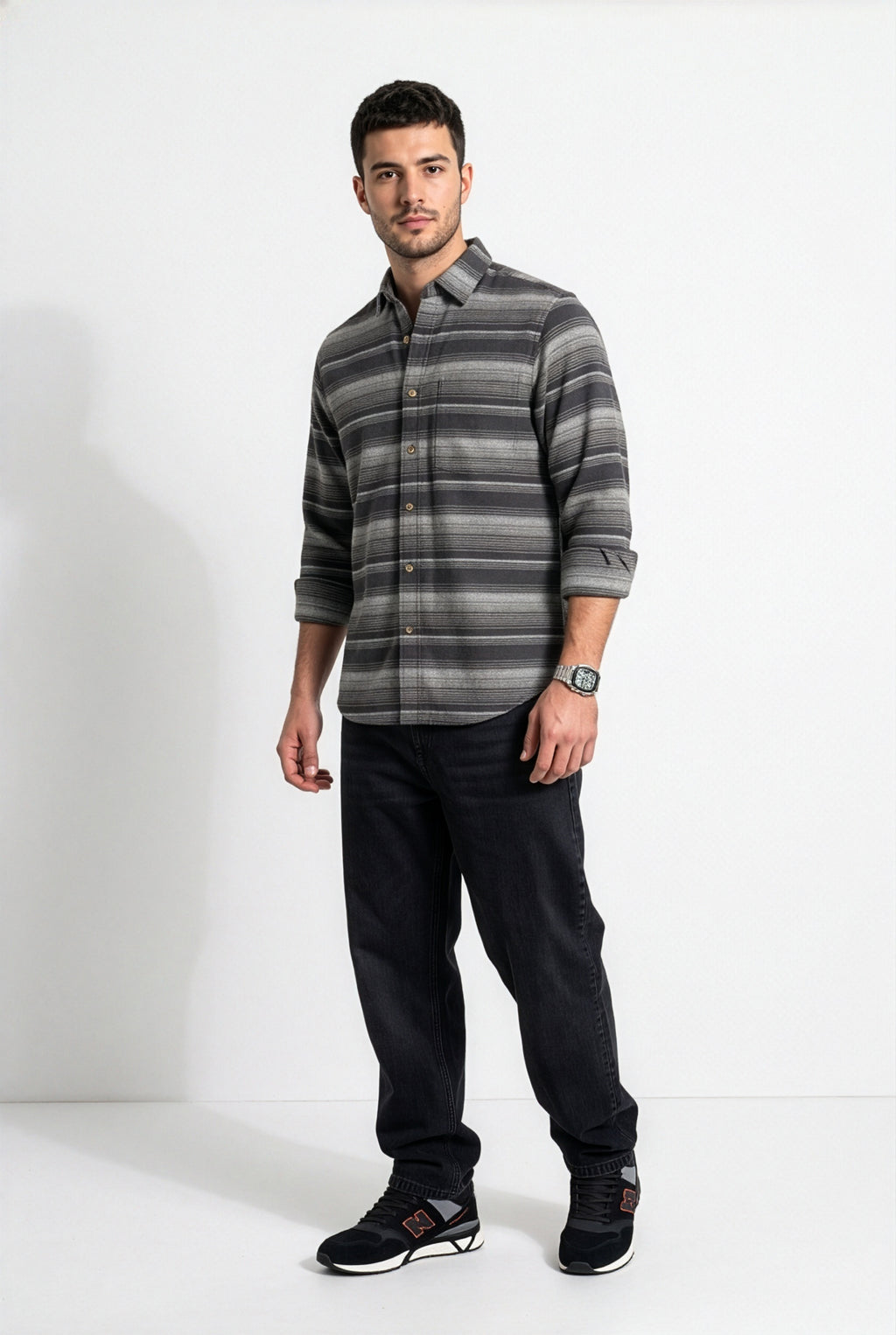 Front view of men's charcoal and grey striped flannel shirt