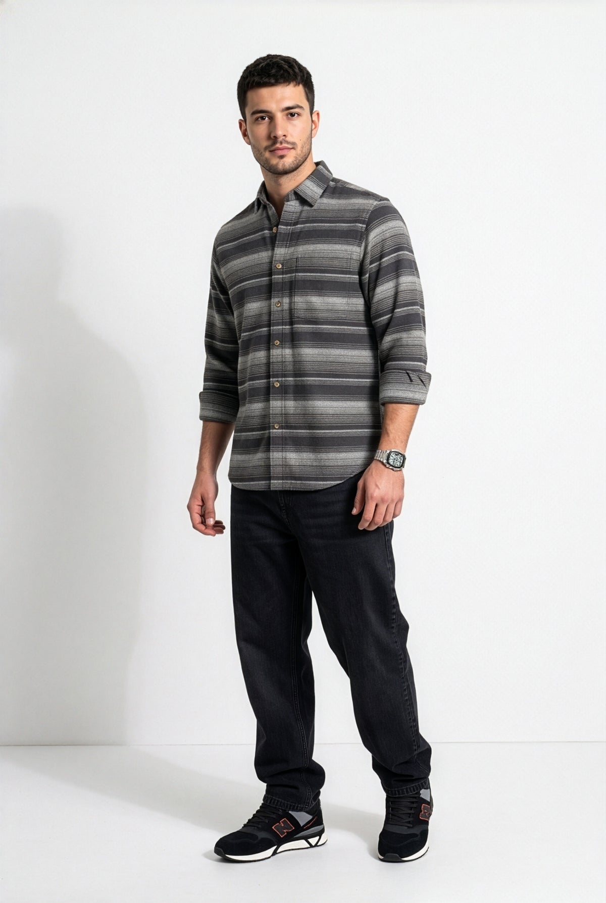 Front view of men's charcoal and grey striped flannel shirt