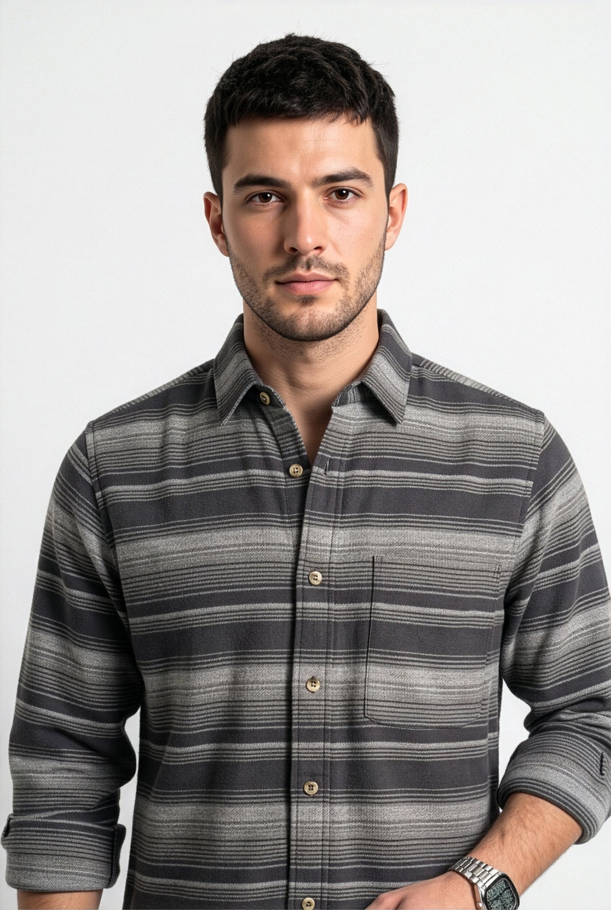 Collar and chest pocket detail of charcoal and grey striped flannel shirt