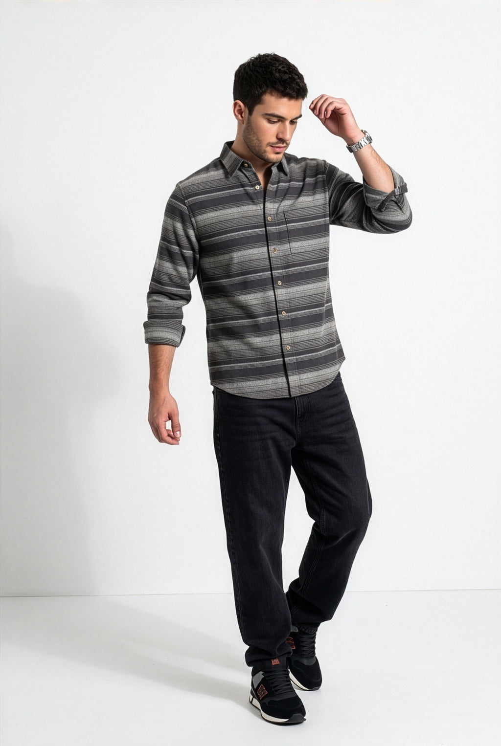 Alternate front view of men's charcoal and grey striped flannel shirt