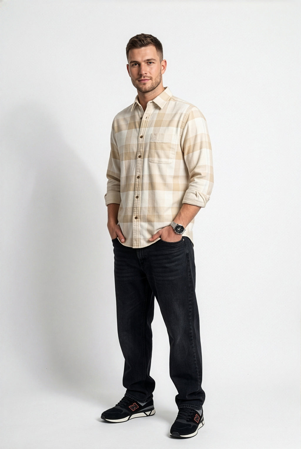 Front view of men's cream and beige check flannel shirt