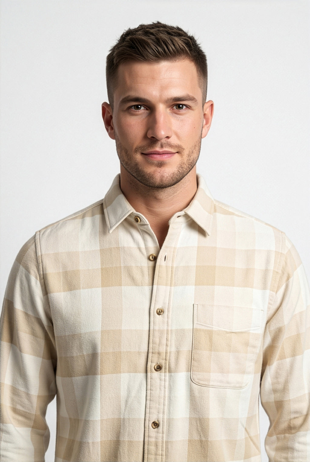 Collar and chest pocket detail of cream and beige check flannel shirt